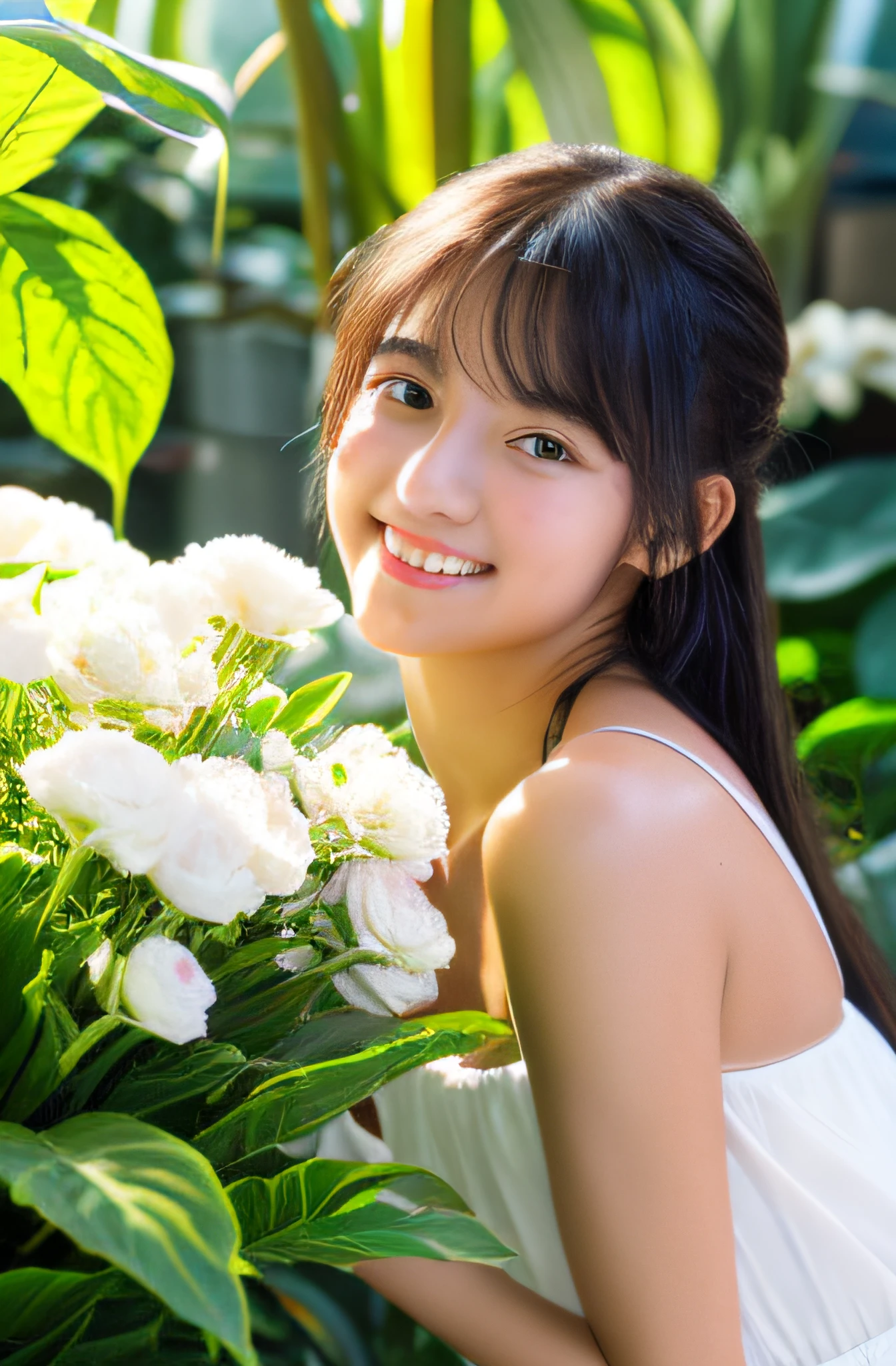 1 girl in、full body Esbian、A dark-haired、The long-haired、(huge-breasted), cleavage、Shoulders exposed、White Mini Dress、Loose fit, a miniskirt, see -through, (delicate illustration:1.4)、(masterpiece:1.0)、(top-quality:1.4)、(超A high resolution:1.2)、(Photorealsitic:1.4)、(8K、Raw photography:1.2)、(softfocus:1.4)、( student:1.3)、(foco nítido:1.4)、Ultra-detailed face, Smiling, Full body, In the greenhouse, Surrounded by flowers, In bright sunshine