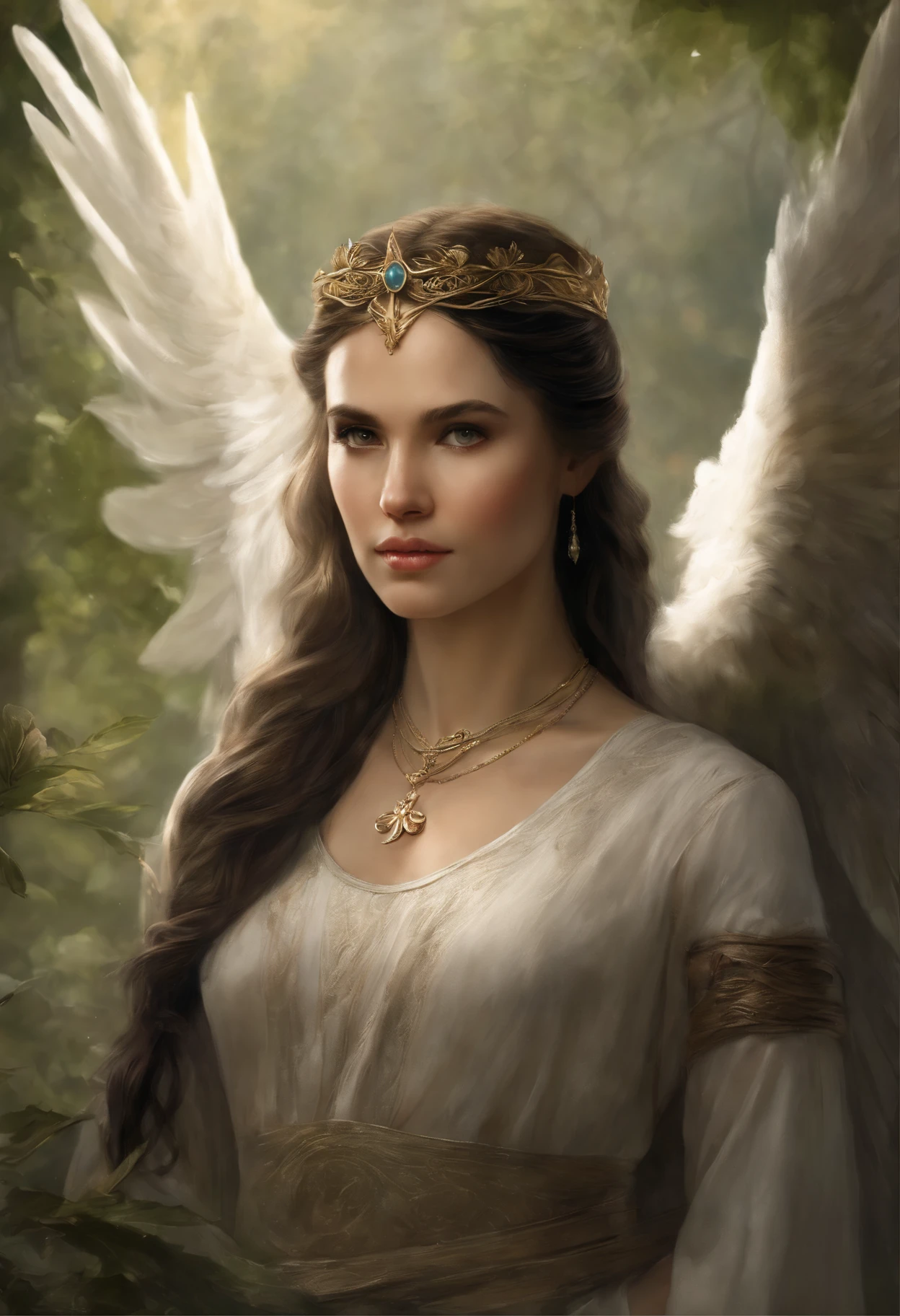 真实感, dark fantasy style, John Tolkien style, Small painting by Jean-Baptiste Monge, portraite of a, looks from the front, Soft facial features, Angel Girl, hugs a horse with wings, Average height, dark pink lips, thin lip shape ,"Cool eyebrows in the shape of Angryburts, dark brown eyes, green colored eyes, drooping eye shape, drooping corner of the eye, looking at away, black hair, hair braided in a long thick tight braid, classic braid, hairstyle with classic braid, duck nose shape slightly upturned, in the hands of the sword of the heavenly warrior, Human Hand, Very clear without flaws with five fingers ,in the form of a Valkyrie, Carol Buck style, behind his back are huge open angel wings, Sword in hand,Human Hand, Very clear without flaws with five fingers ,Slightly naked, Priestesses, dressed in white and gold clothes, holy golden armor, Celestial Queen, next to him stands a white horse with wings, hugging a horse in the foreground, rain dripping in the foreground, The sky, rainbow, Jean-Baptiste Monge, anthropomorphic --ar 2:3 --testp -optimistic;