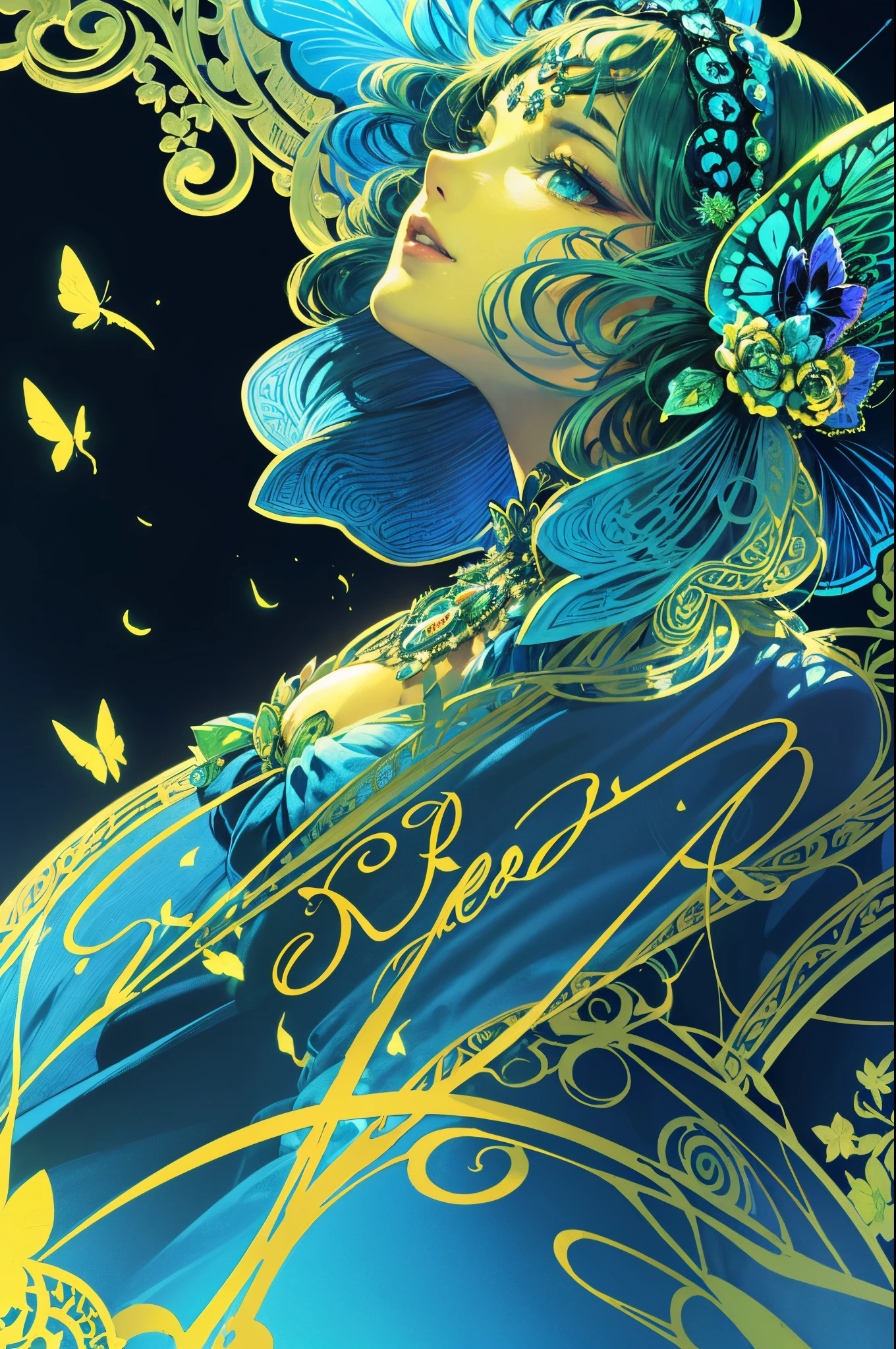 Butterfly motif、green undertone、Vibrant colors、((​masterpiece)))、(((top-quality)))、((ultra-detailliert))、(A hyper-realistic)、(highly detailed CGillustration）、Official art、Luxembourg in the early 20th century、Decadent、Madame Papillon、Cool Beauty、Masquerade、sophisticated menegance、Gorgeous、Colorful and detailed mask design、matchless beauty、Fans、gorgeous dress、jewely、Female Solo、Perfect Angle、perfect-composition