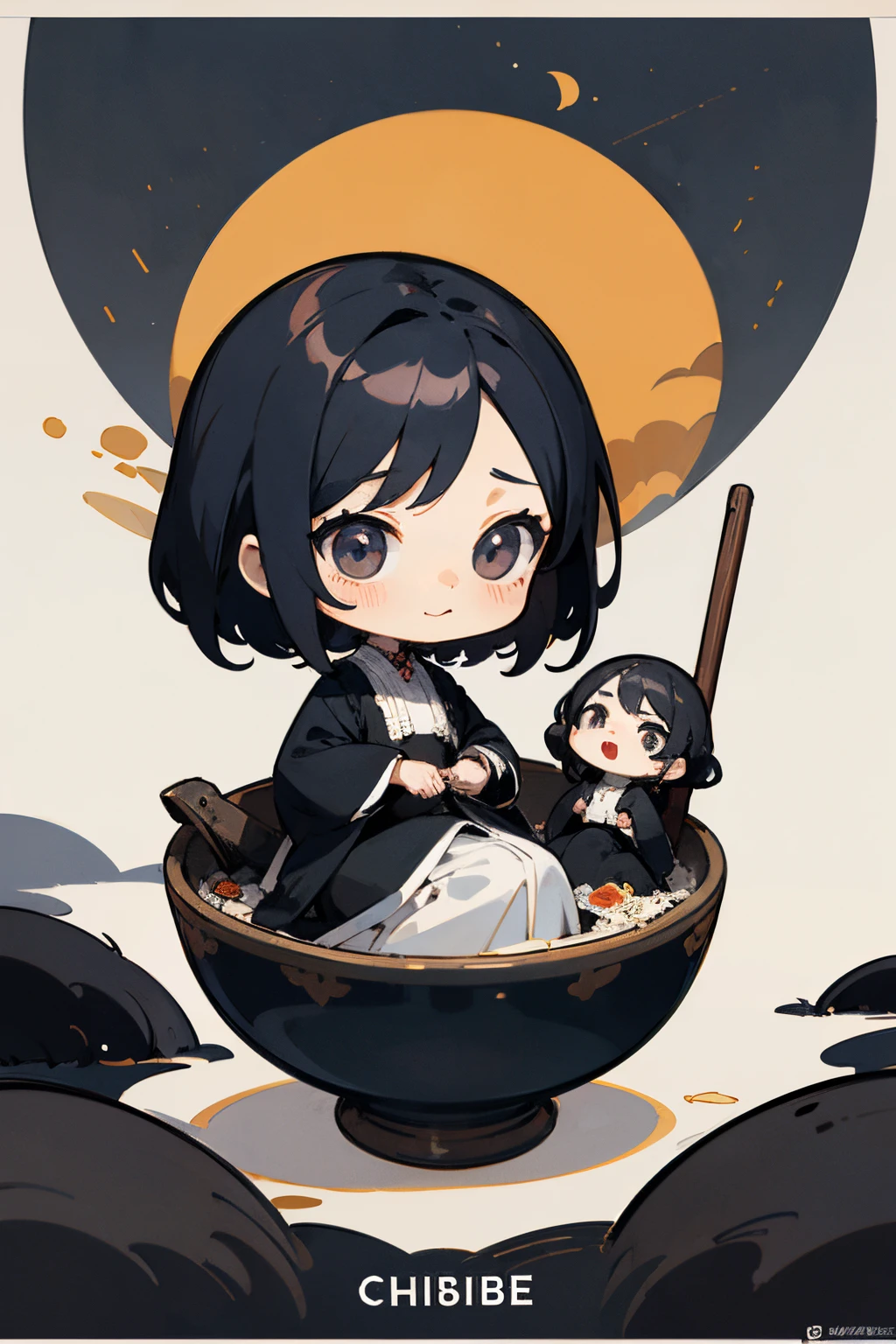 traditional poster，Black rice personification，Chibi，culture