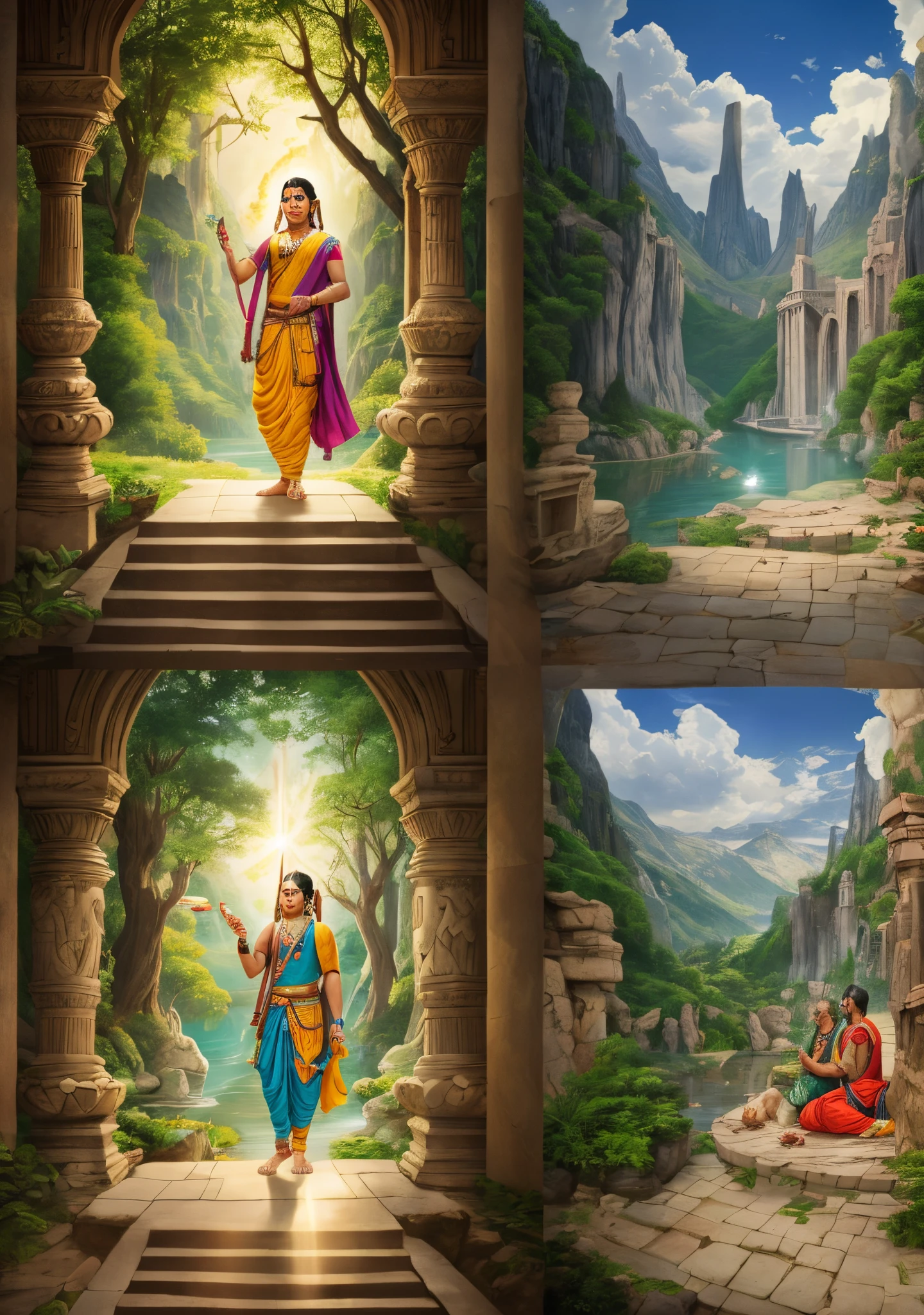 Creating attractive thumbnails for a script like this requires incorporating elements of spirituality, wisdom, and the historical context. Here are some thumbnail ideas:
Divine Silhouettes:
Silhouettes of Krishna and Uddhava in a serene backdrop, with a hint of the Bhagavad Gita scripture.
Mystical Yadavas' City:
An artistic representation of the mythical city of Dwarka, blending historical and spiritual elements.
Bhagavad Gita Manuscript:
A scroll or manuscript of the Bhagavad Gita featuring key verses, with Uddhava and Krishna in the background.
Uddhava in Meditation:
Uddhava in deep meditation, symbolizing the profound teachings and spiritual journey in the script.
Yadavas' Downfall Imagery:
A visual representation of the Yadavas' downfall, incorporating elements of drama and mystique.
Badarikashrama Landscape:
A serene depiction of the Badarikashrama landscape, representing the return from spiritual retreat.
Spiritual Light Rays:
Rays of light shining down on Uddhava, indicating divine wisdom and enlightenment.
Conversational Art:
Artistic rendering of Uddhava and Krishna in deep conversation, capturing the essence of the script.
Duality vs. Non-duality Contrast:
Split image showing the contrast between duality and non-duality, symbolizing the core theme of the script.
Ancient Scroll Unfolding:
An ancient scroll unfolding to reveal the title, symbolizing the unveiling of profound spiritual knowledge. --auto --s2