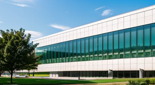 Perspective view of a modern building with curtain wall exterior, Modern architecture, Shows the entire building, research center, medical research facility, with no people, Green park on background, Office, plumbing balcony, research complex