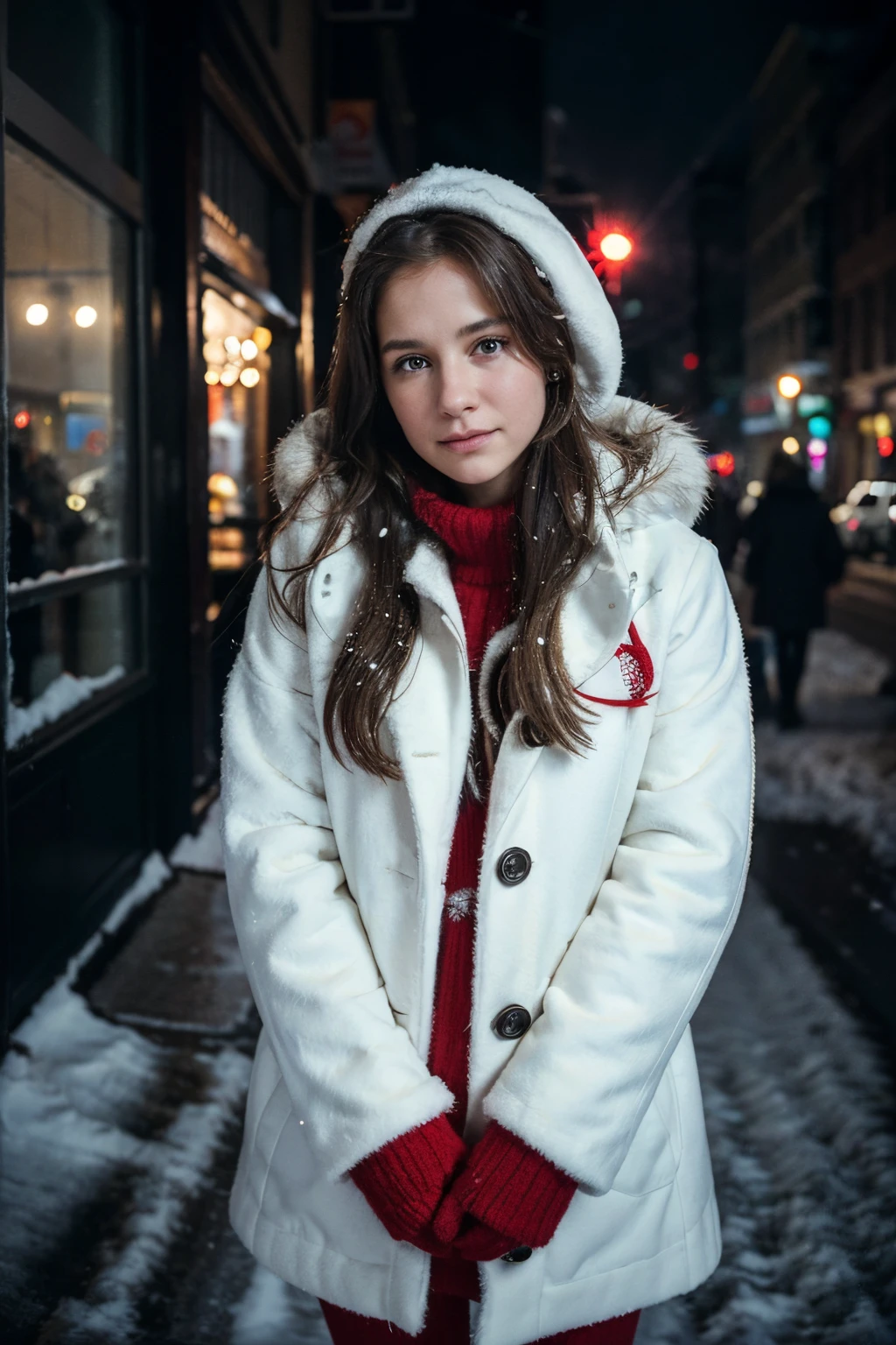 Bright portrait of a girl in a white fur coat and sweater, mittens. Her eyes are full of curiosity, reflecting her inquisitive nature. arms down. Place her in a noisy environment, Christmas, snowing, Snow is falling, mist, With city lights, illuminating the night, Flashlights, gift shops, Christmas tree. The contrast between her innocence and captivating chaos. Photograph taken by Annie Leibovitz with a Canon EOS 5D Mark IV and 50mm f/1.8 lens. Use neon city lights for a dramatic, cinematic effect.. 8K, Ultra-HD, Ultra High Resolution Information