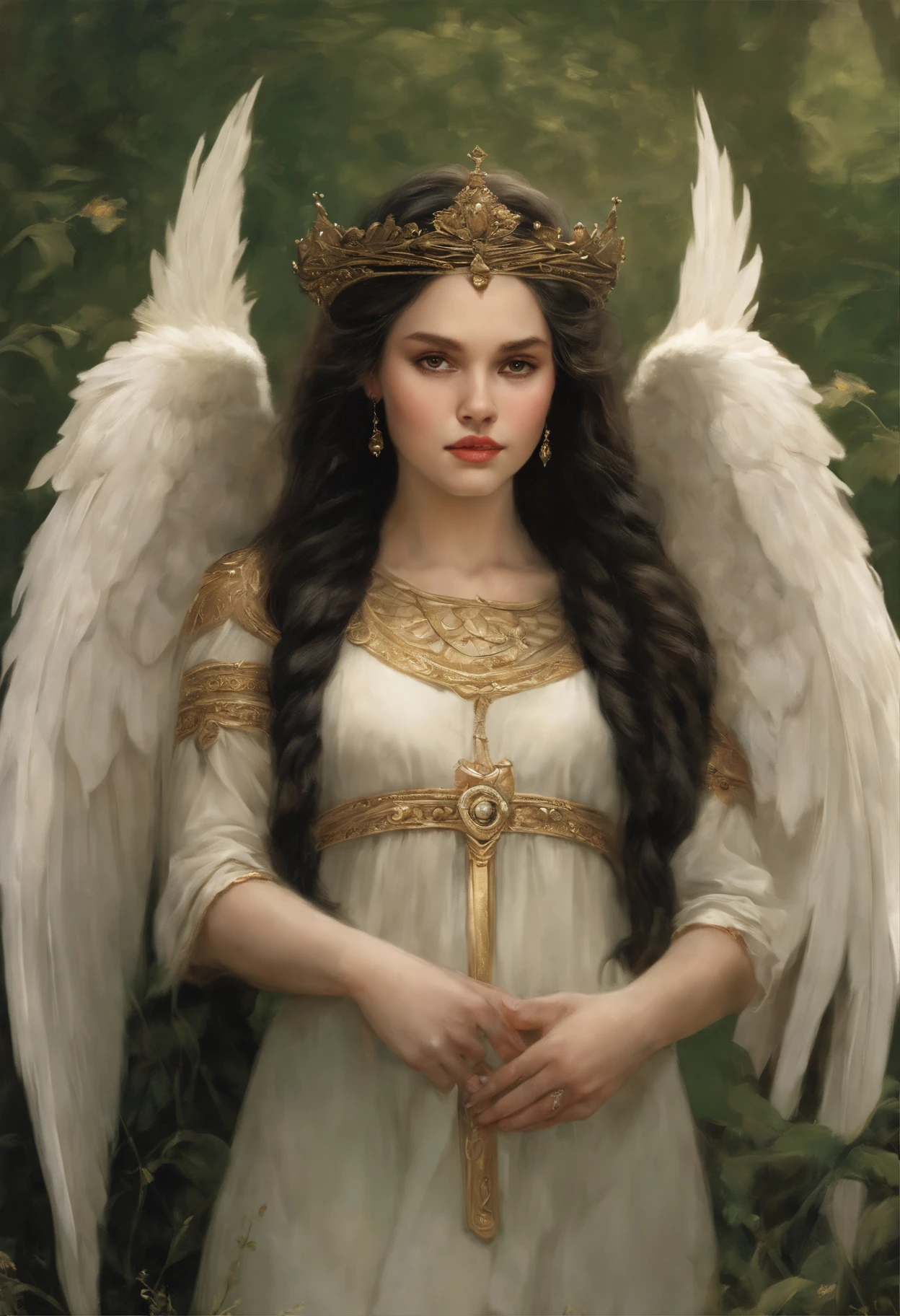 真实感, dark fantasy style, John Tolkien style, Small painting by Jean-Baptiste Monge, portraite of a, looks from the front, Soft facial features, Angel Girl, Bright make-up, Average height, dark pink lips, thin lip shape ,"Cool eyebrows in the shape of Angryburts, dark brown eyes, green colored eyes, drooping eye shape, drooping corner of the eye, looking at away, black hair, hair braided in a long thick tight braid, classic braid, hairstyle with classic braid, duck nose shape slightly snub, in the hands of the sword of the heavenly warrior, Human Hand, Very clear without flaws with five fingers ,in the form of a Valkyrie, Carol Buck style, behind his back are huge open angel wings, Sword in hand,Human Hand, Very clear without flaws with five fingers ,Slightly naked, Priestesses, dressed in white and gold clothes, holy golden armor, Celestial Queen, stands in the center of a field of cornflowers, Jean-Baptiste Monge, anthropomorphic --ar 2:3 --testp -optimistic;