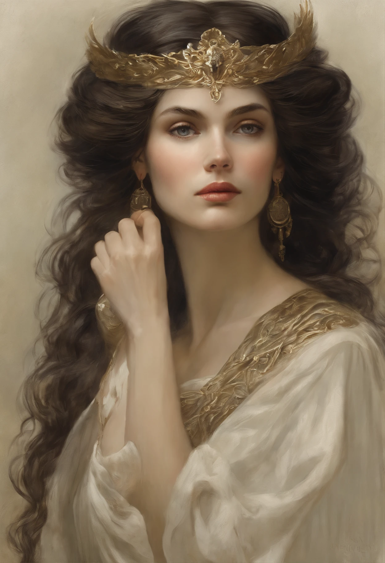 真实感, dark fantasy style, John Tolkien style, Small painting by Jean-Baptiste Monge, portraite of a, looks from the front, Soft facial features,  Angel Girl, Bright make-up, Average height, dark pink lips, thin lip shape ,"Cool eyebrows in the shape of Angryburts, dark brown eyes, green colored eyes, drooping eye shape, drooping corner of the eye, looking at away,  black  hair, hair braided in a long thick tight braid,  classic braid, hairstyle with classic braid, duck nose shape slightly snub,  in the hands of the sword of the heavenly warrior,   Human Hand, Very clear without flaws with five fingers ,in the form of a Valkyrie,  Carol Buck style, behind his back are huge open angel wings, Sword in hand,Human Hand, Very clear without flaws with five fingers  ,Slightly naked, Priestesses, dressed in white and gold clothes, holy golden armor, Celestial Queen, stands in the center of a field of cornflowers, Jean-Baptiste Monge, anthropomorphic --ar 2:3 --testp -optimistic;