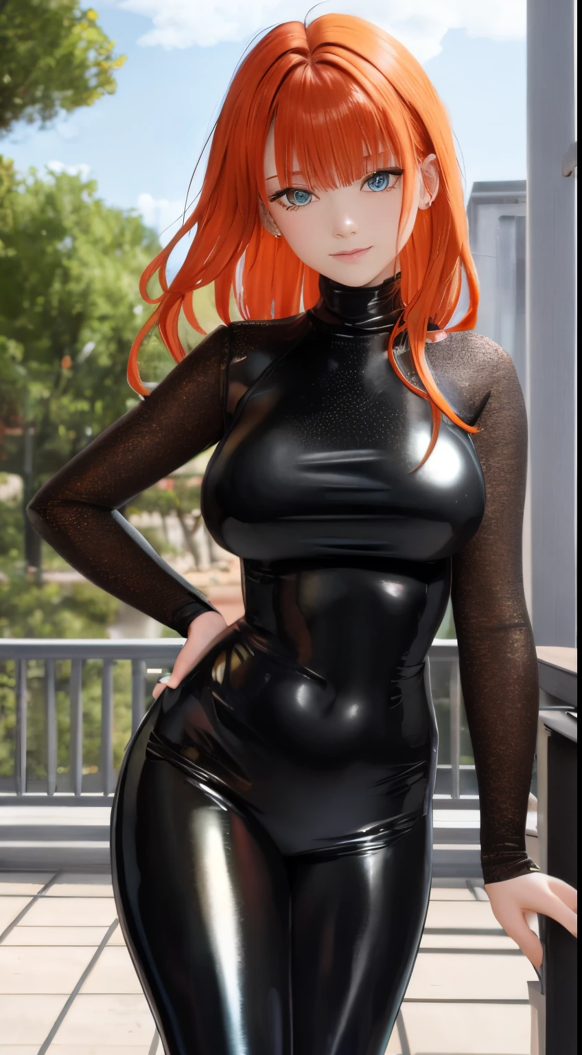 masterpiece, Best quality, ultra detailed, beautiful lighting, 1 girl, mother, orange hair, green eyes, freckles, turtleneck top, Looking at the viewer, Black latex leggings
