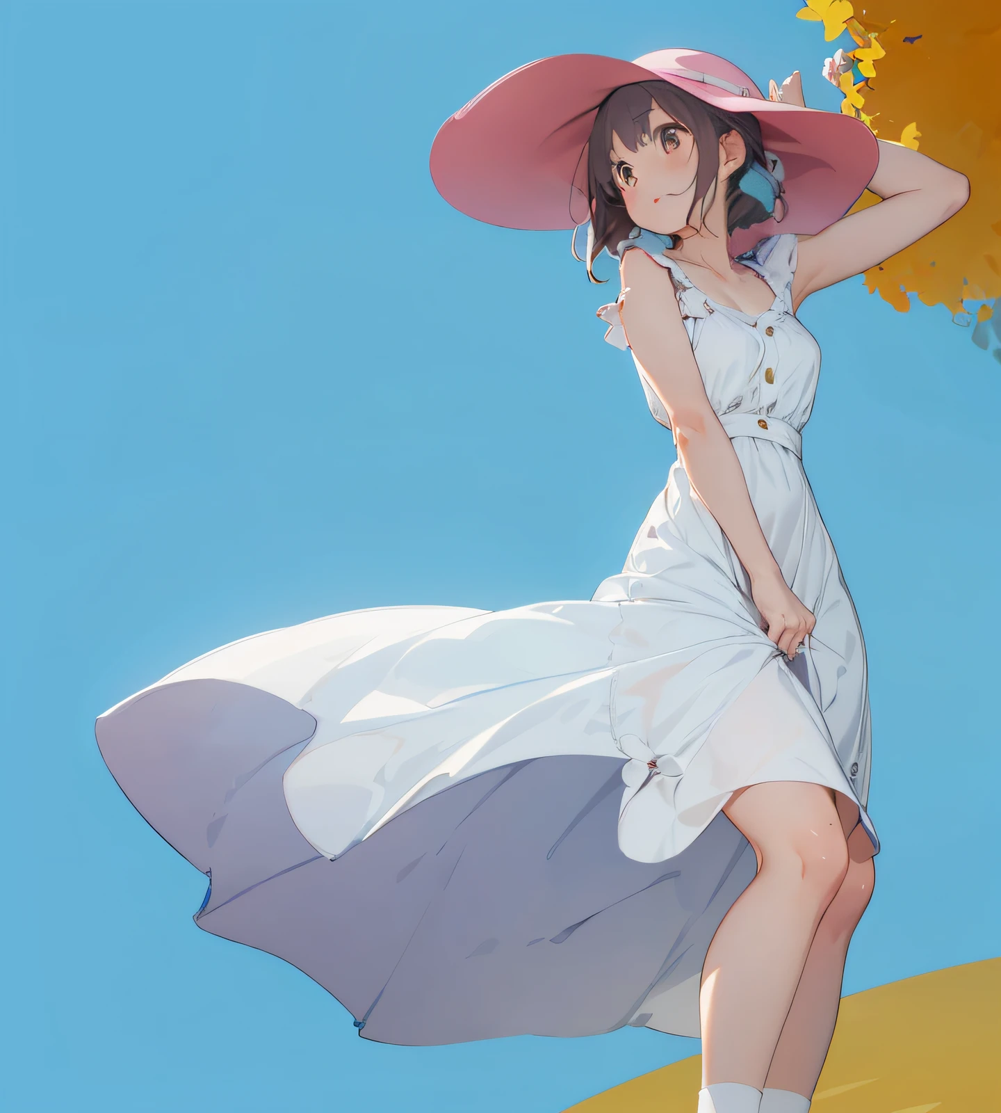 (Best quality, dynamic lighting, highly detailed, HDR) Brown haired young woman, mature, beautiful, bob hair, brown eyes, slim, medium-small breasts, cleavage, white floral summer dress, upskirt, lifting skirt, no panties, beautiful pussy, from below, summer hat, bare shoulder, sleeveless, naughty smile, looking at camera, beach background.