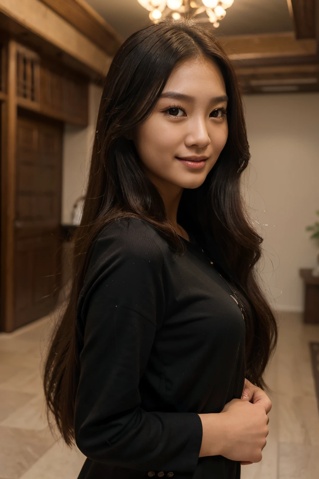 (masterpiece, best quality, ultra high res, beautiful detailed hair detailed face, perfect feminine face), xytely smiling, there  a woman with long hair and a black shirt wearing, an asian woman, asian girl, a young asian woman, south east asian with round face, asian female, beautiful asian girl, bderoom