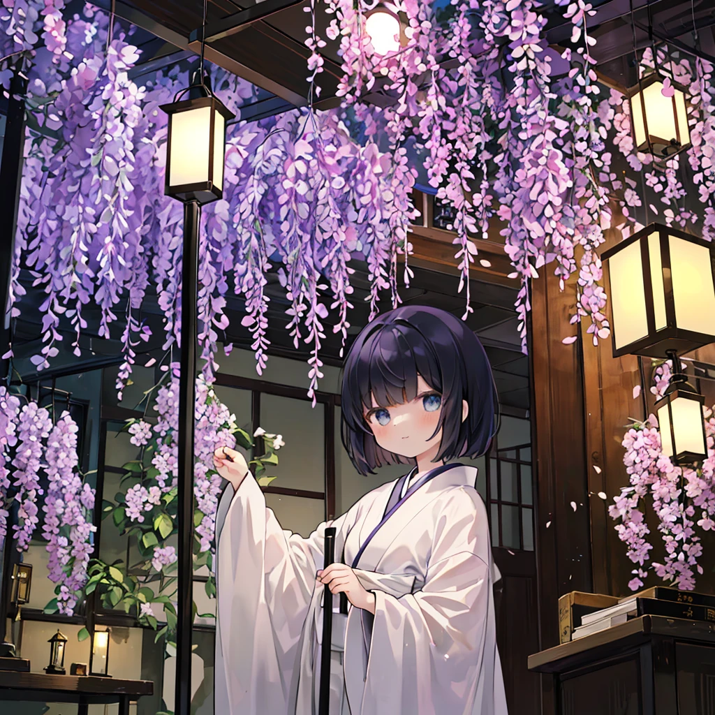 ((with a big bunch:1.3)),1 girl in, Alone, hair adornments, ssmile, decorative、allow、Japanese dress、Wisteria flowers、Hang the lamp on a stylish pole、An eclectic mix of Japanese and Western styles、Dark、The lamp gives off a strange light、Shady、cloth hanging from the ceiling、