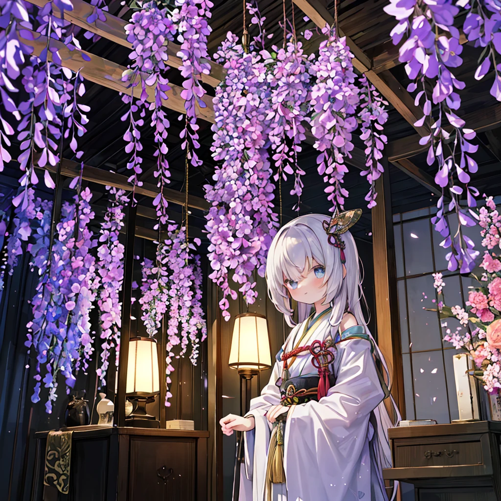 ((with a big bunch:1.3)),1 girl in, Alone, hair adornments, ssmile, decorative、allow、Japanese dress、Wisteria flowers、Hang the lamp on a stylish pole、An eclectic mix of Japanese and Western styles、Dark、The lamp gives off a strange light、Shady、cloth hanging from the ceiling、