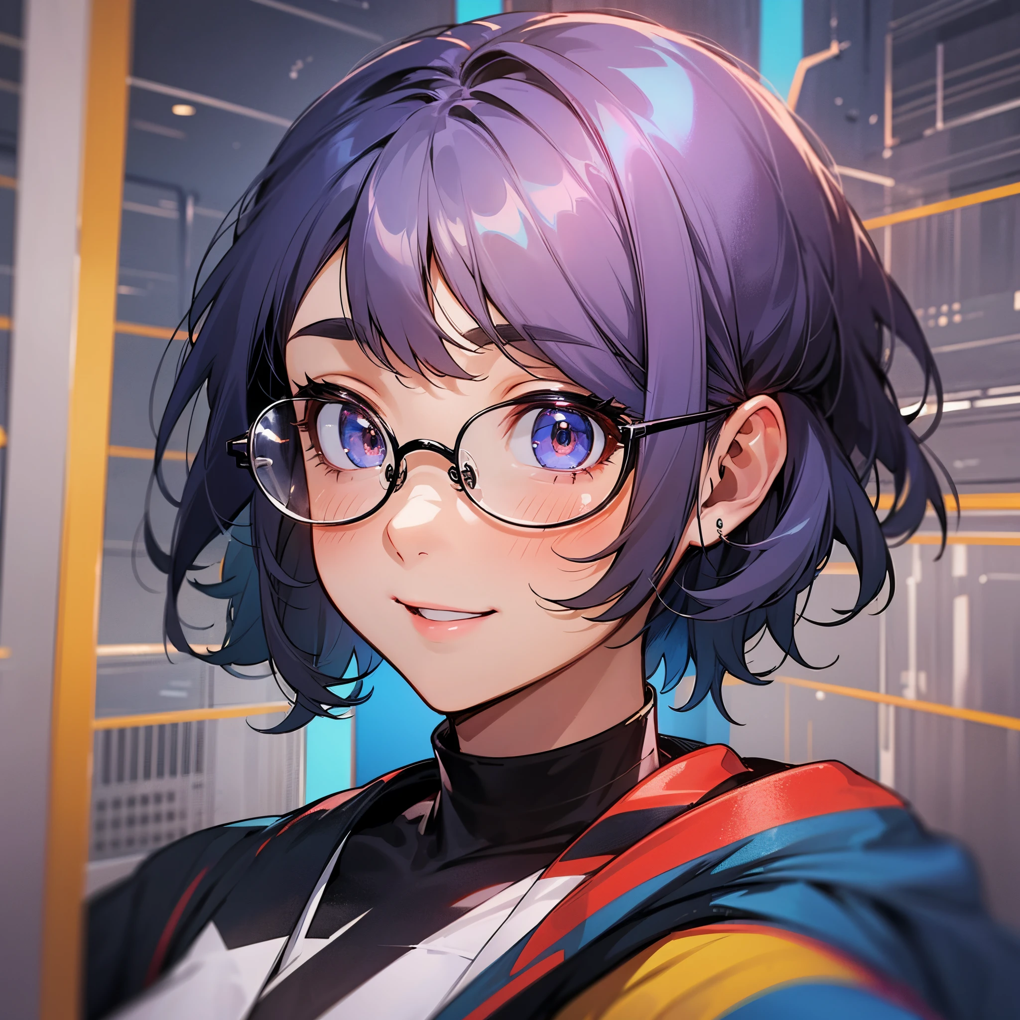 1girl, Rounded glasses, Large glasses, smiling, looking at the camera, Short disheveled hair, dark skinned, rounded eyes, blue blue blue shirt, black shorts, heal, Shop shot, Dynamic pose --auto --s2