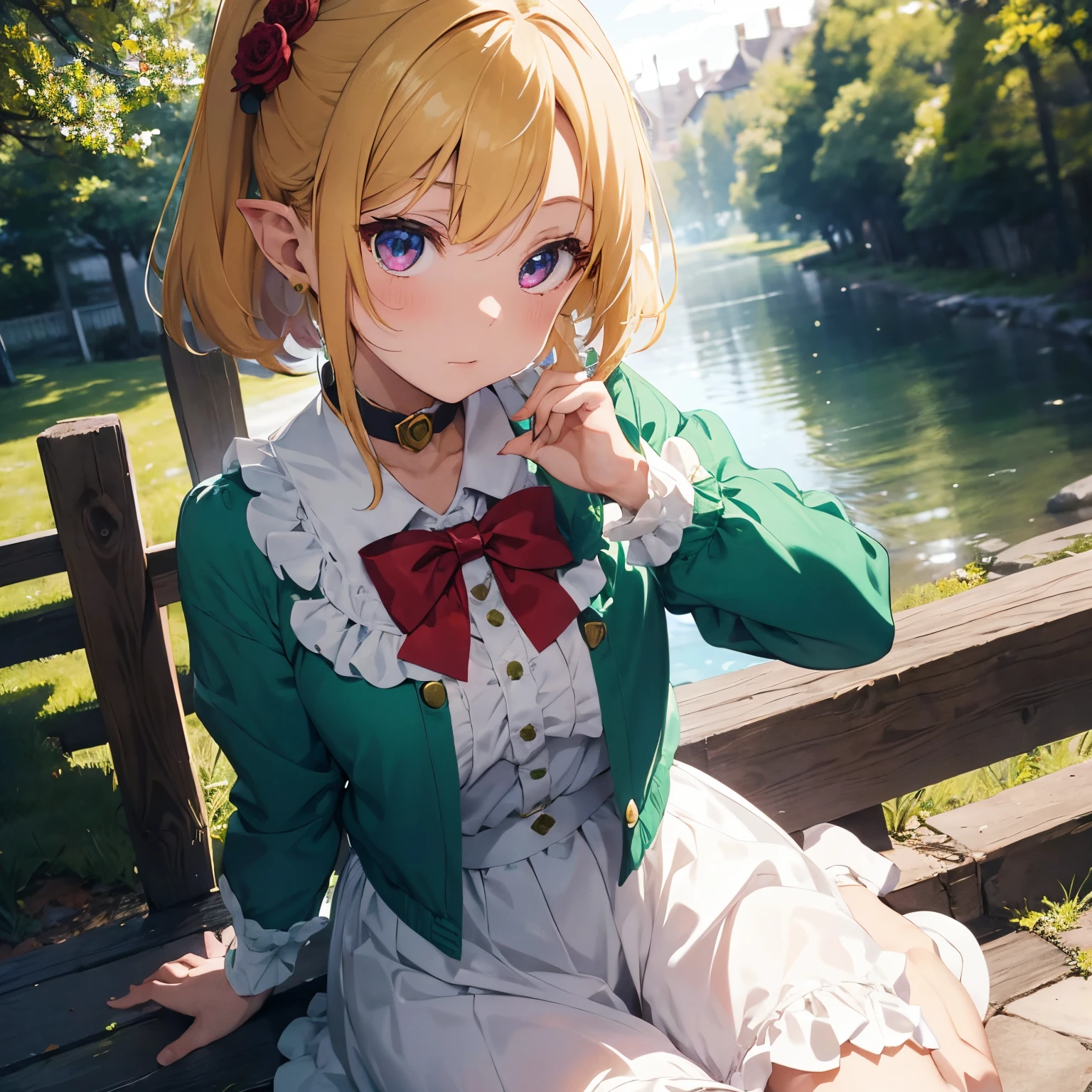 Anime Girl,
Elf motifs such as pointed ears。Appears to be around 20 years old。She also、She is also the only magical girl whose age is talked about in the movie.。(At that time, It was written that she admired magical girls.)。
short hair with blonde sideburns。Eye color is red.、he has long eyes.、Exudes enchanting beauty。white blouse with frills and green jacket with large collar、Fastened with candy-colored leaves and rose-shaped buttons.。A rose emblem is engraved on the cuff of the jacket.。The cuffs of the blouse are ruffled and flare out into a skirt.。