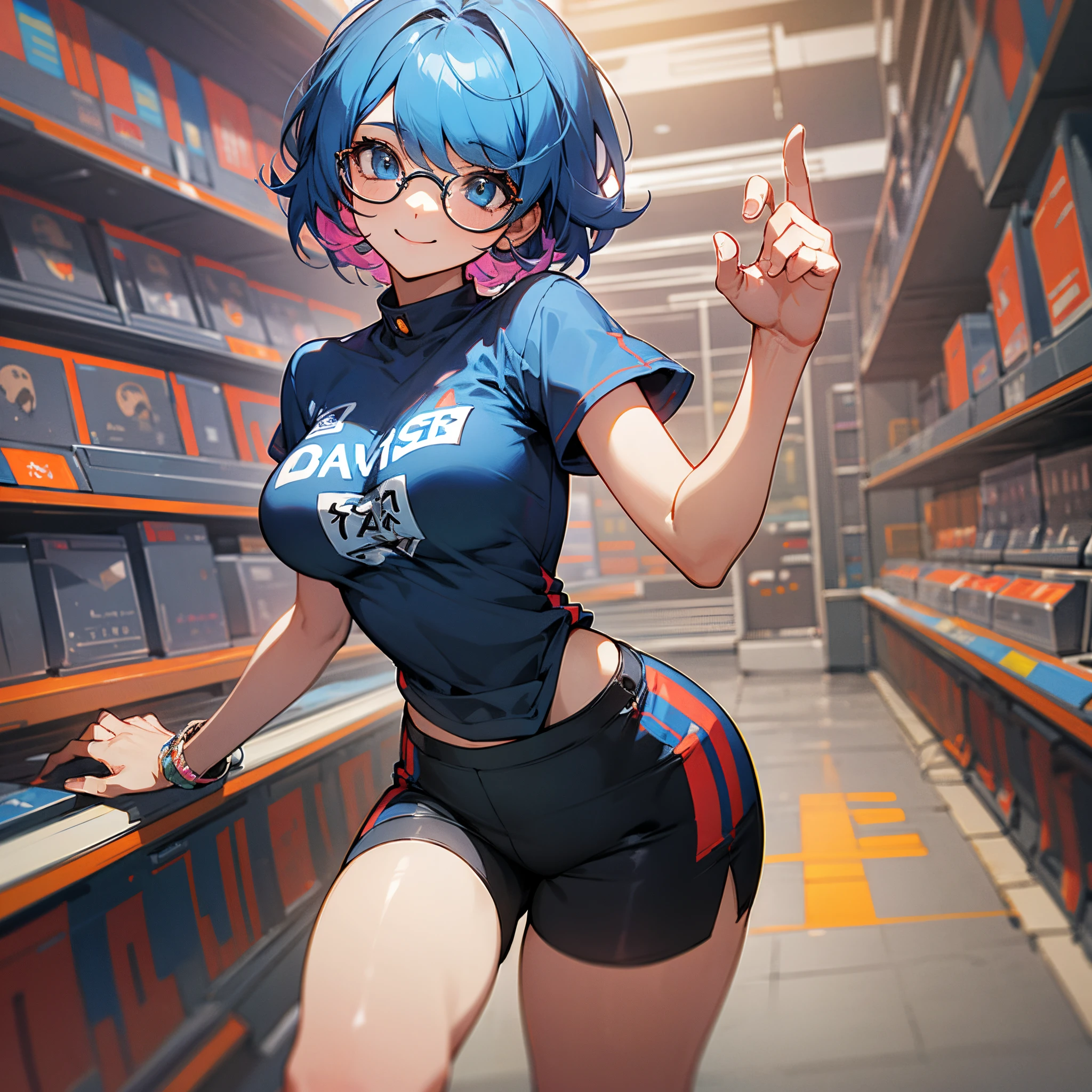 1girl, Rounded glasses, Large glasses, smiling, looking at the camera, Short disheveled hair, dark skinned, rounded eyes, blue blue blue shirt, black shorts, heal, Shop shot, Dynamic pose --auto --s2