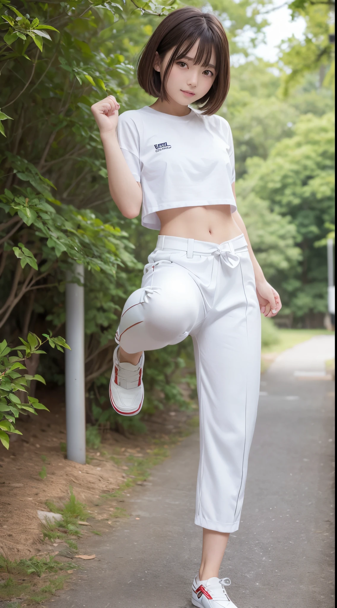 (Photorealsitic)(10yaers old), Pretty Woman, (Full body 8K portrait), 1 girl in, White Karate Uniform, White karate pants, Stand alone, Large and dynamic hand and foot movements, Stick out your fist, Make a high side kick, Correct skeleton, Perfect facial detail, (Smile: 1.15), attractive beautiful face, gazing at viewer, a small face, 二重まぶた, Beautiful detailed eyes, long eyeslashes, ligh brown hair, bob,Hairstyles in styles, Toned waist, Beautiful thin legs, toned ankles, bare-legged ,TOKYOcty, Green in the background, no nsfw