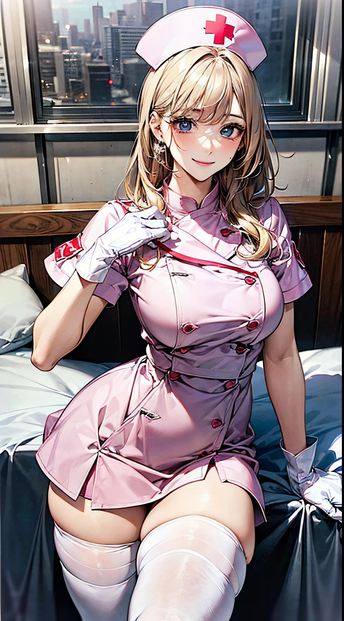 ((((, , perfect anatomy, super detailed skin)))), 1 girl, japanese, 19 years old, nurse, white skin, shiny skin, large breasts:0.5, watching the view, (smile:1.5), 
beautiful detailed eyes, (middle hair:1.1, half up:1.5), blonde hair, blue eyes, pink lips, babyface, mole under eye, 
((nurse cap, short sleeves, light pink nurse wear, ((white legwear, zettai ryouiki)), white gloves)), 
(beautiful scenery), day time, , ((inside hospital bed-room, modern)), standing, 
(8k, best quality, masterpiece​, ultra-detailed, ), (photorealistic), illustration, cinematic lighting,