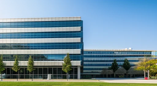 Perspective view of a modern building with curtain wall exterior, Modern architecture, Shows the entire building, research center, medical research facility, with no people, Green park on background, Office, plumbing balcony, research complex, Outer roads are visible, lawn, big entrance