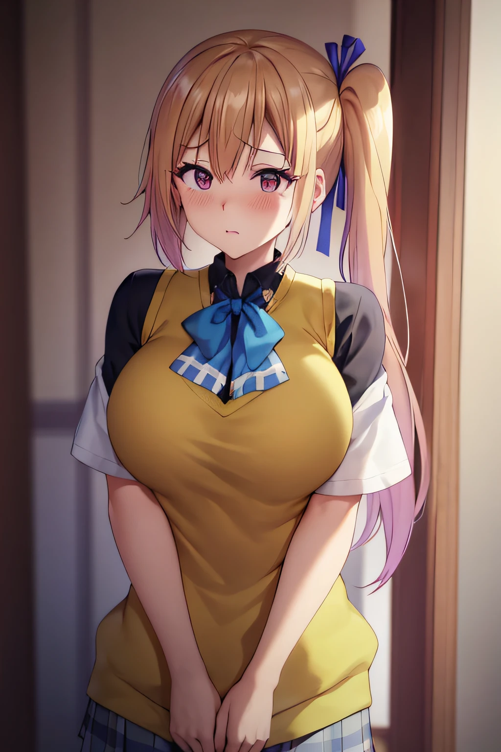 masterpiece, (top-quality), 1womanl,1girl in,1 boy,,kawakami_touko, blonde hair, length hair, side poneyTail, a purple eye, Sweater Vest, 校服, skirt by the, Big breasts,bow ribbon, Hair Ribbon, Mole under the eyes,Female sexy, embarrassed from,red blush, vivd colour,,natural soft light,nffsw, , Beautiful fece, (详细的脸:1.2), showcase, (perfect eyes:1.1) ,(Photorealsitic:1.1), 8K UHD, Look at viewers, outside of house, simple background