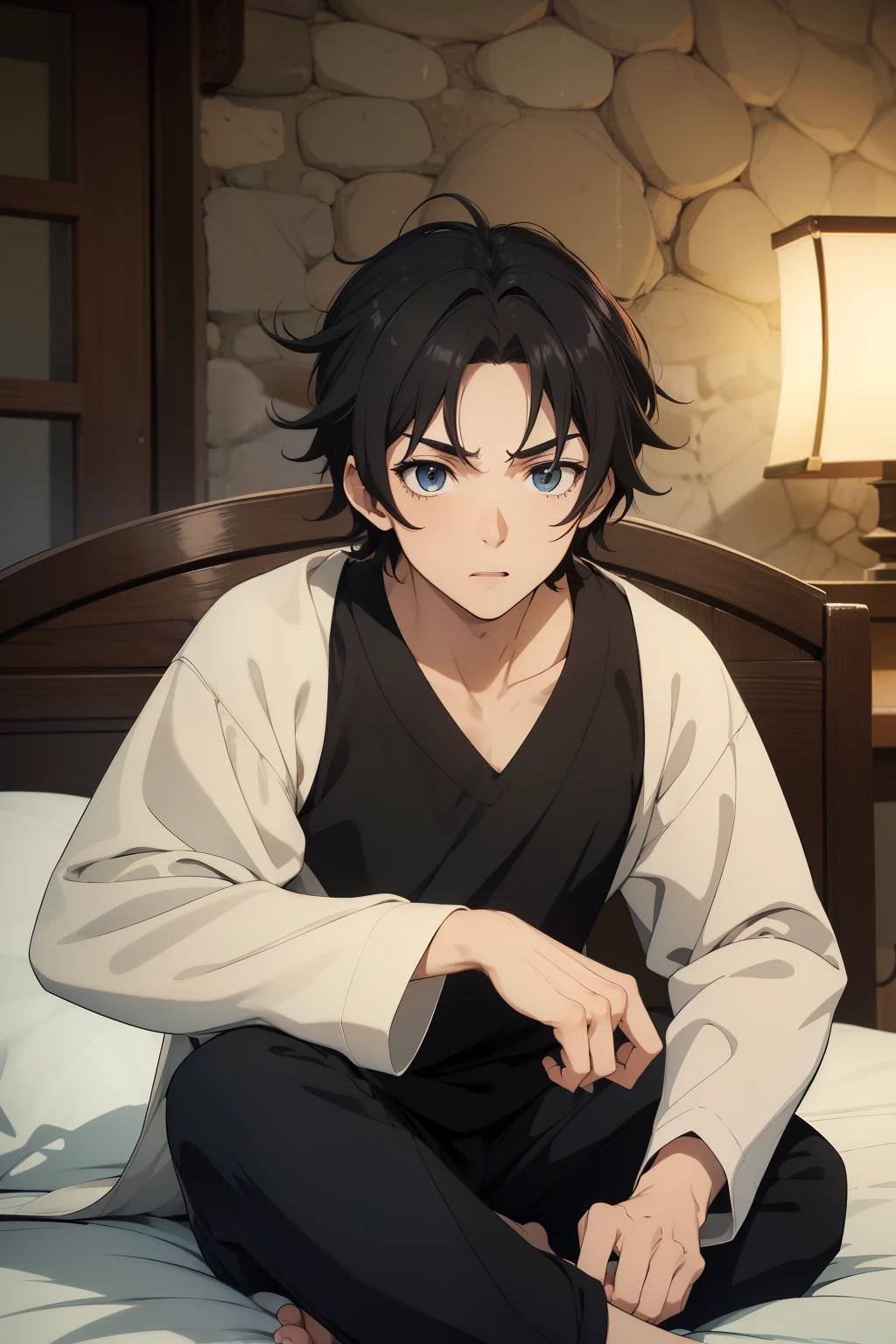 (alta qualidade, ultra detalhado), personagem de anime, Homem de 16 anos, pijamas nobres medievais, messy black hair, olhos negros, surprised expression, sentado em uma cama nobre medieval