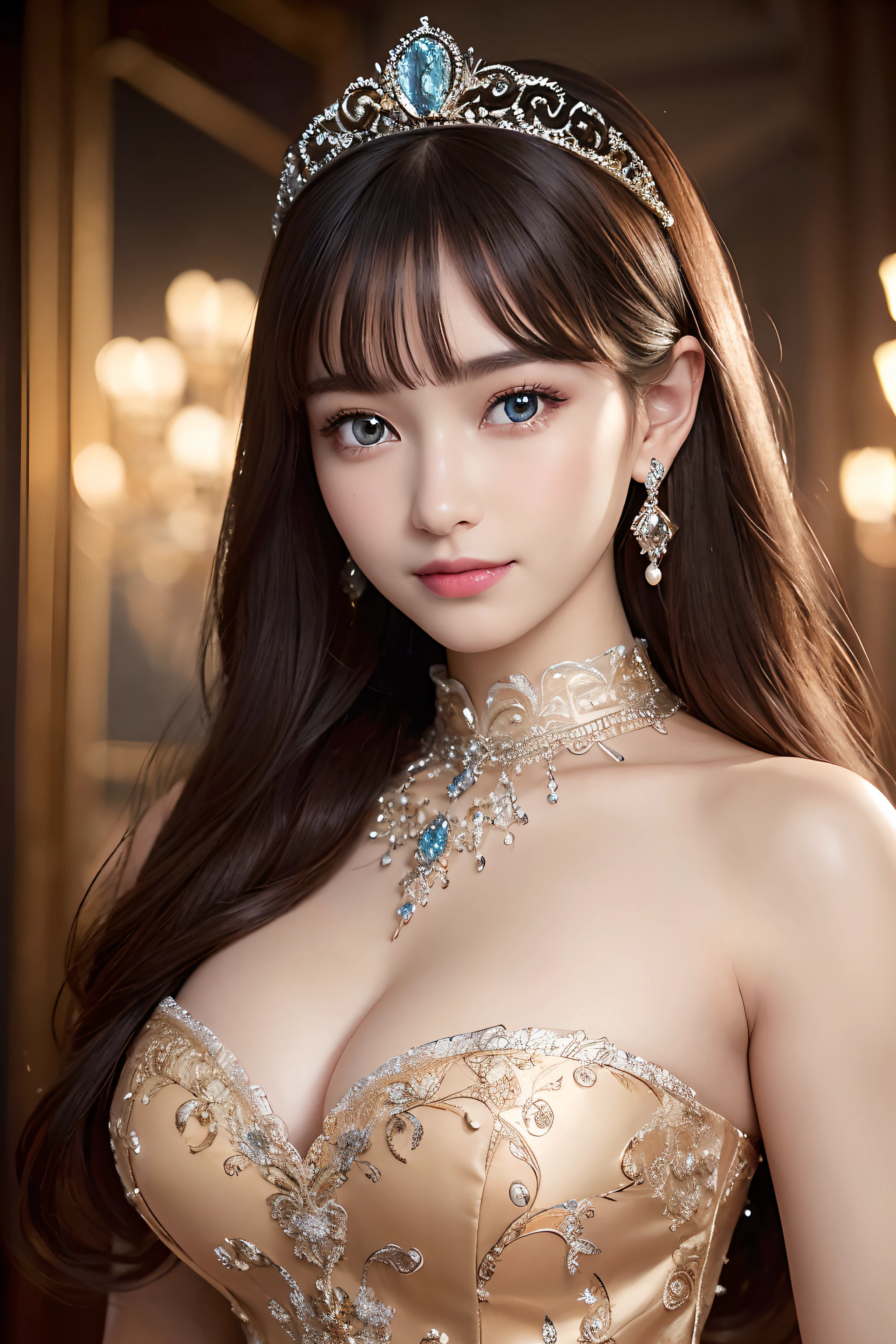 (Best Quality, 8K, masutepiece)), ultra-detailliert, Sharp Focus, ((hyper realistic photography)), 1 beautiful woman, 18year old, Elaborately designed dresses, Gorgeous Jewelry, tiarra, Highly detailed face and skin texture, ((Detailed eyes)), ((Beautiful eyes:1.4)), (Smile:1.15), (Closed mouth), 3/4 length