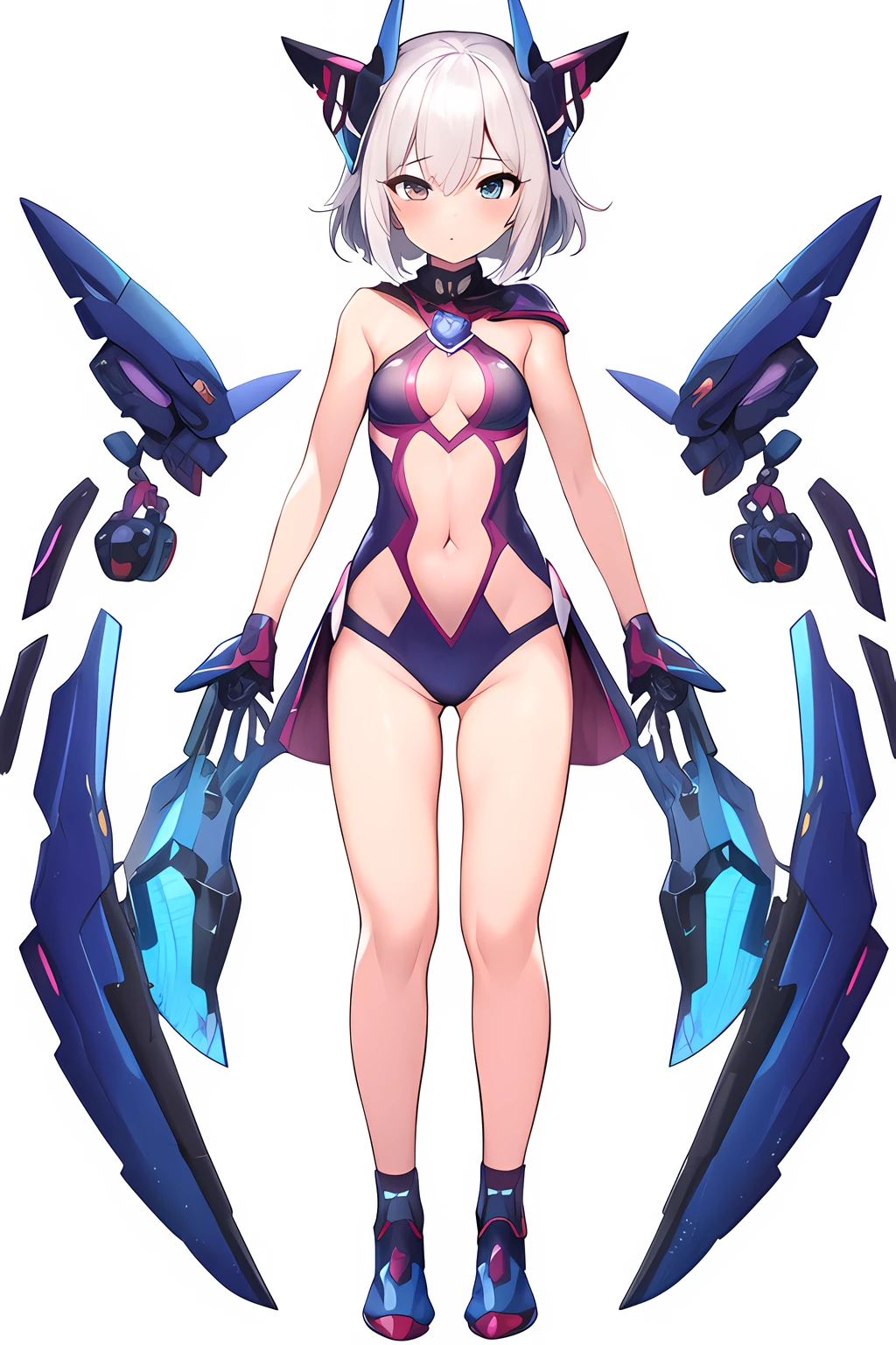 [(NO BACKGROUND:1.5),::5] (WHITE BACKGROUND:1.5), [(SEXY:1.5)::,5] (:1.5), (tight armor:1.5), [(SYMETRICAL:1.5),::5] standing, (default pose:1.5), (1girl:1.5), solo, (loli), full body, small breasts, short hair, looking at viewer, (open coat, robe, blue robe, magical, magician, modern, witch, mecha musume, contemporary, futuristic:1.4), solo, full body, masterpiece, solo, beautiful, detailed eyes, detailed face, (white clothes:1.2), (blue stripes:1.3), (white hair:1.4), (cyberse:1.4), (loli:1.3bsurdres, ultra-detailed, masterpiece, highres, 4k, high quality, digital art, sparkling eyes, (thigh:1.3), (small breasts:1.4), short hair, (bare arms, bare hands:1.4), (navel cutout:1.3), navel