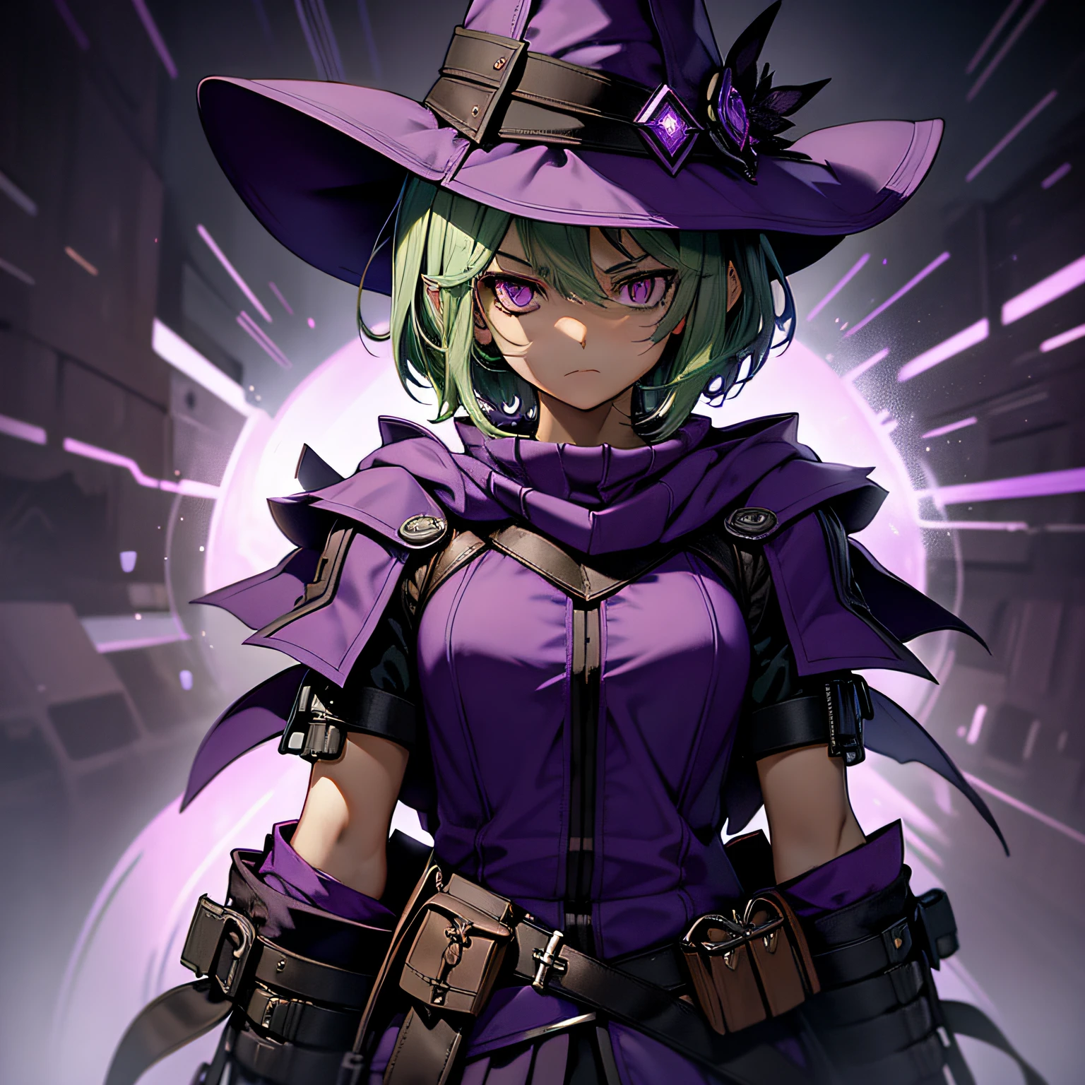 top-quality、extremely delicate and beautiful、(A teenage girl)、Purple Eye、Green hair、short-haired、(purple witch hat)、Purple tie、Soio、shortsleeves、Purple skirt、Tactical Vest,Purple Wizard Robe、Navel、 Standing、Facing the front、Expression of hatred、Dark background、Eye mark only