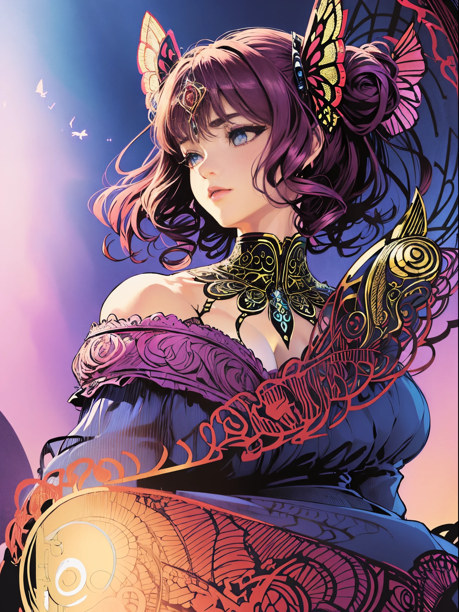 Butterfly motif、magenta undertone、Vibrant colors、((masterpiece)))、(((top-quality)))、((ultra-detailliert))、(A hyper-realistic)、(highly detailed CGillustration)、Official art、Luxembourg in the early 20th century、Decadent、Madame Papillon、Cool Beauty、Masquerade、sophisticated menegance、Gorgeous、Colorful and detailed mask design、matchless beauty、Fans、gorgeous dress、jewely、Female Solo、Perfect Angle、perfect-composition