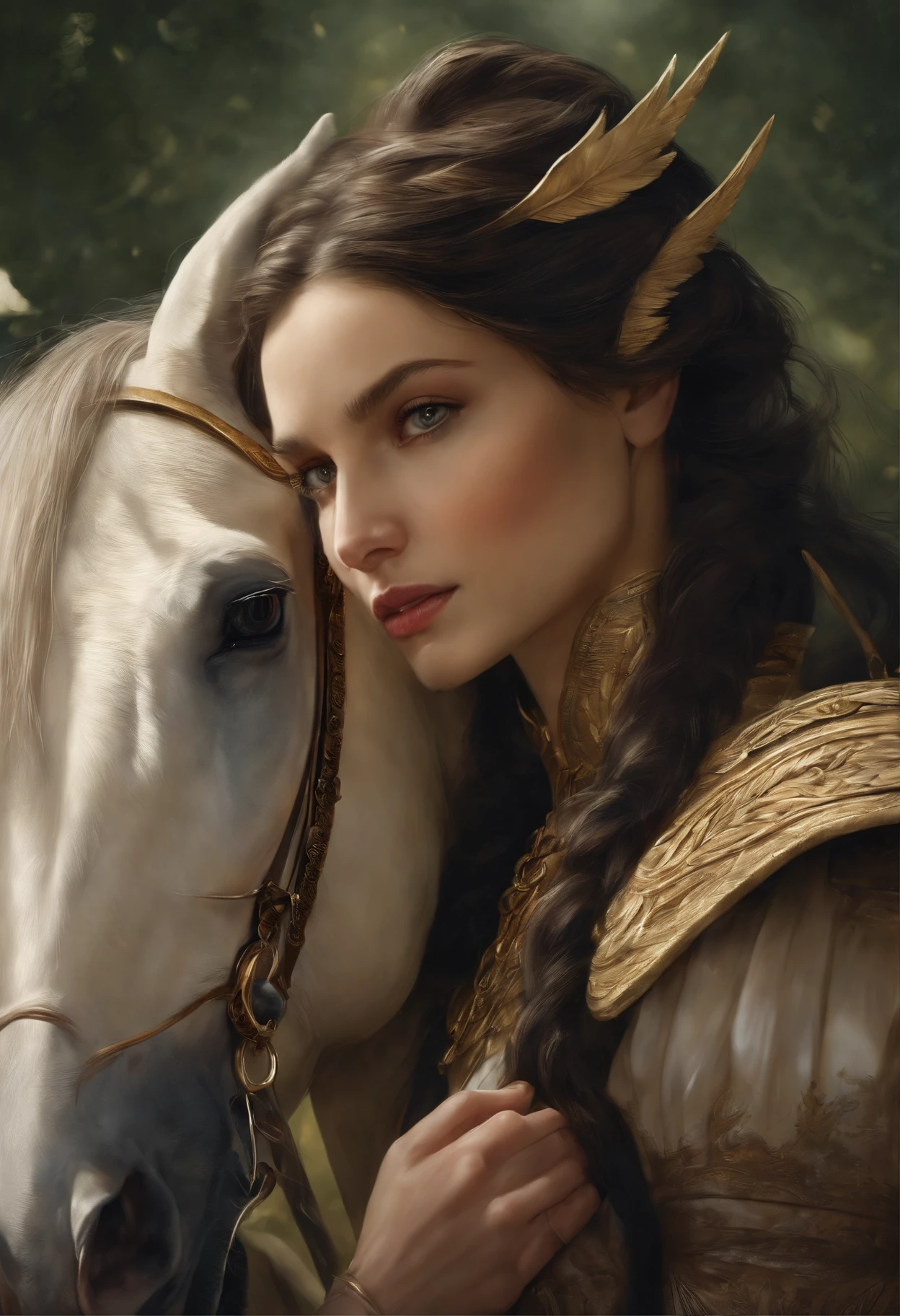 真实感, dark fantasy style, John Tolkien style, Small painting by Jean-Baptiste Monge, portraite of a, looks from the front, Soft facial features,  Angel Girl, Bright make-up, hugs a horse with wings, Average height, dark pink lips, thin lip shape ,"Cool eyebrows in the shape of Angryburts, dark brown eyes, green colored eyes, drooping eye shape, drooping corner of the eye, looking at away,  black  hair, hair braided in a long thick tight braid,  classic braid, hairstyle with classic braid, slightly upturned duck nose shape,   in the hands of the sword of the heavenly warrior,   Human Hand, Very clear without flaws with five fingers ,in the form of a Valkyrie,  Carol Buck style, behind his back are huge open angel wings, Sword in hand,Human Hand, Very clear without flaws with five fingers  ,Slightly naked, Priestesses, dressed in white and gold clothes, holy golden armor, Celestial Queen,  next to him stands a white horse with wings, hugging the horse in the foreground, rain dripping in the foreground, The sky, rainbow, Jean-Baptiste Monge, anthropomorphic --ar 2:3 --testp -optimistic;