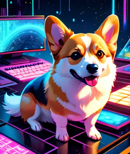 Cinematic Lighting the muse of digital generative art, divine supernatural corgi dog, otherworldly beauty, equanimous, in the background there an abstract motif of digital code and glitch aesthetic, the corgi manifests from the void of diffusion, infused with photonic energy, thick textured paint, neat brushwork, intricately detailed, true masterpiece, 8k, hdr, vibrant neon colors fused with pastel tones, minimalist, 80s vibe, painterly quality OverallDetail
