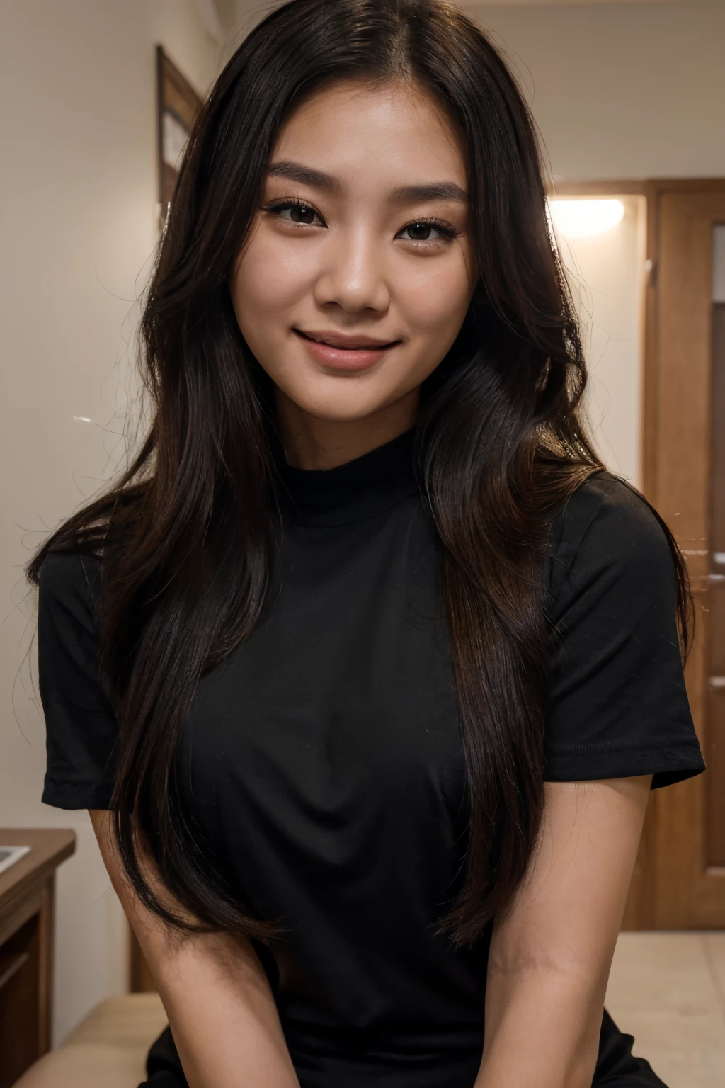 (masterpiece, best quality, ultra high res, beautiful detailed hair detailed face, perfect feminine face), xytely smiling, there  a woman with long hair and a black shirt wearing, an asian woman, asian girl, a young asian woman, south east asian with round face, asian female, beautiful asian girl, bderoom