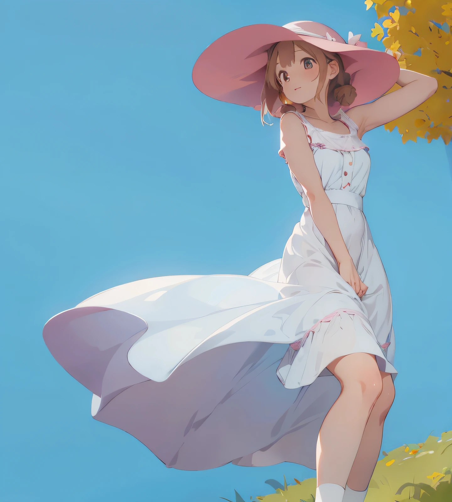 A woman wearing a white dress、woman in pink hat, in dress, With a pink hat, !!Full body portrait beautiful weather:anime woman, sun skirt, Ghibli animation style