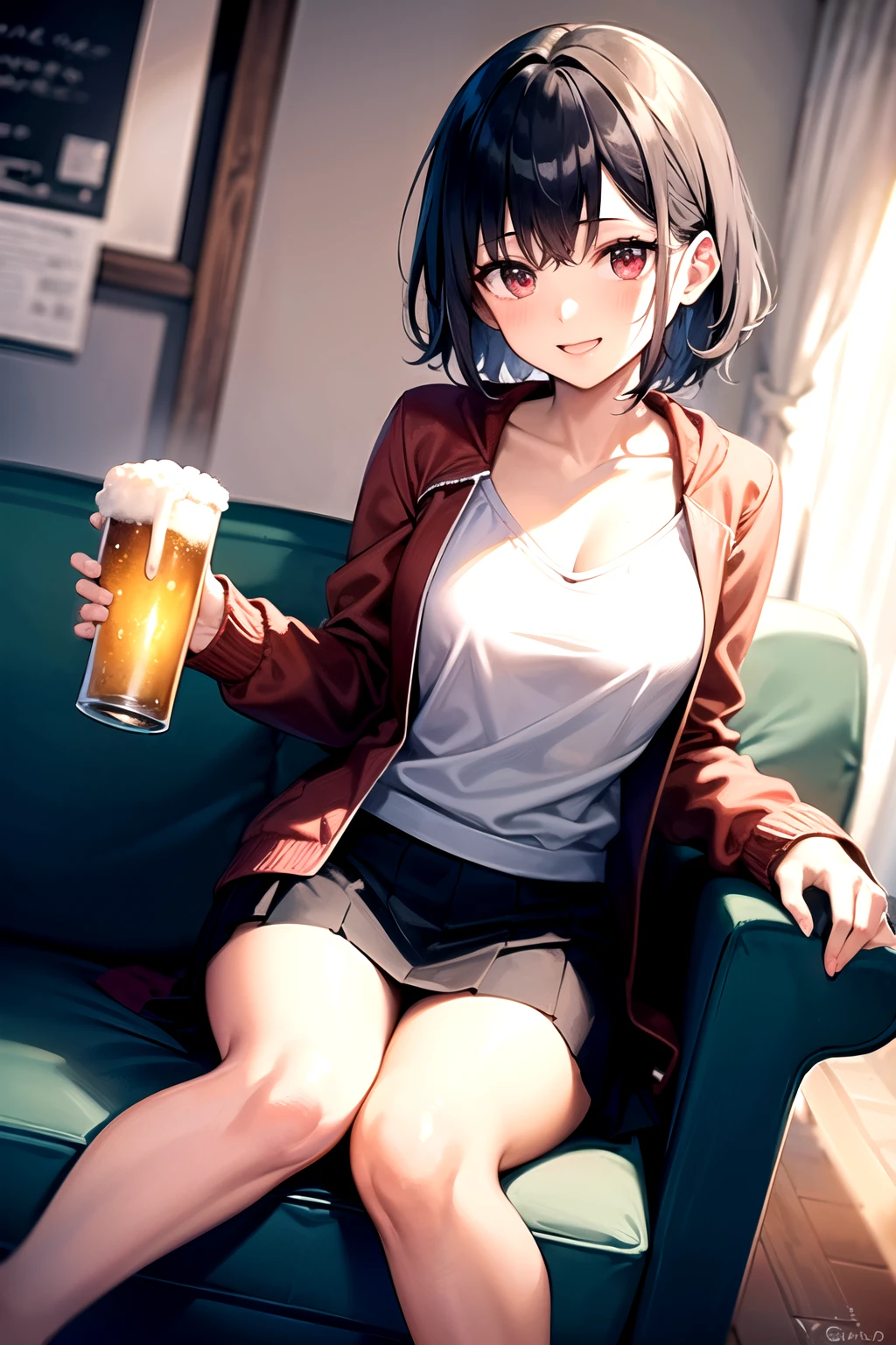 ((Masterpiece)),((High quality)),((High resolution)),((Extremely accurate and detailed representation of the human body)), A girl in her mid-20s with medium-length blue hair and red eyes is wearing a bright red zip-up hoodie open over a short white camisole on her upper body. She has a radiant smile, blushing cheeks, and is seated on a sofa with one leg crossed over the other. She's wearing a gray mini-skirt and holding a beer glass in one hand.