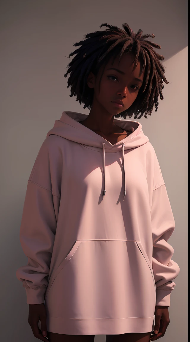 Black female. 1 girl, wearing a blank oversized heavy cotton pink , gen-z style, small crew neck, colorful background, ultra hd, realistic, vivid colors, highly detailed, UHD drawing, pen and ink, perfect composition, beautiful detailed intricate insanely detailed octane render trending on artstation, 8k artistic photography, photorealistic concept art, soft natural volumetric cinematic perfect light