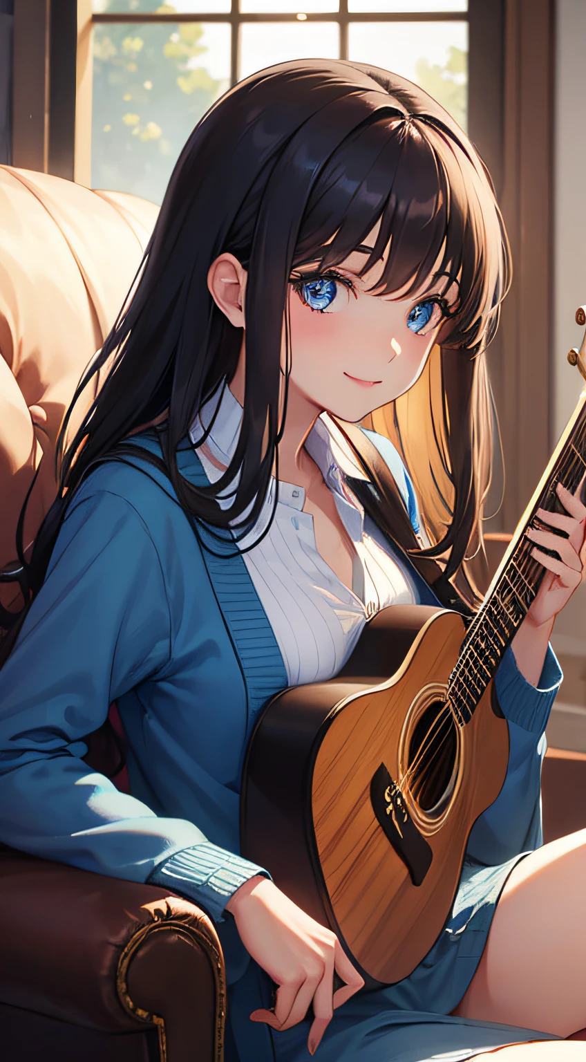 1girl, long brunette hair, blue eyes, smiling, looking at viewer, wearing outer cardigan, inner blouse, living room, holding acoustic guitar, sitting on couch, masterpiece, 8K, perfect lighting, perfect clothes, perfect anatomy, perfect eyes, perfect face, sharp resolution, (face closeup)