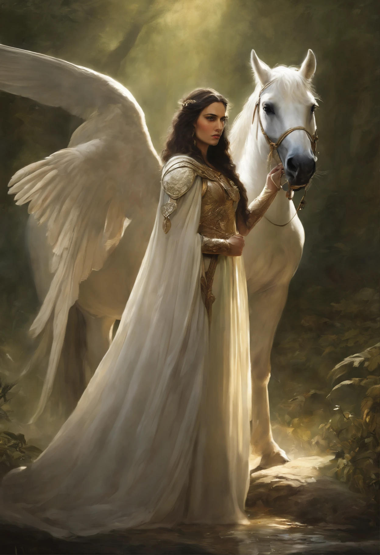 真实感, dark fantasy style, John Tolkien style, Small painting by Jean-Baptiste Monge, portraite of a, looks from the front, Soft facial features,  Angel Girl, Bright make-up, hugs a horse with wings, Average height, dark pink lips, thin lip shape ,"Cool eyebrows in the shape of Angryburts, dark brown eyes, green colored eyes, drooping eye shape, drooping corner of the eye, looking at away,  black  hair, hair braided in a long thick tight braid,  classic braid, hairstyle with classic braid, slightly upturned duck nose shape,   in the hands of the sword of the heavenly warrior,   Human Hand, Very clear without flaws with five fingers ,in the form of a Valkyrie,  Carol Buck style, behind his back are huge open angel wings, Sword in hand,Human Hand, Very clear without flaws with five fingers  ,Slightly naked, Priestesses, dressed in white and gold clothes, holy golden armor, Celestial Queen,  next to him stands a white horse with wings, hugging the horse in the foreground, rain dripping in the foreground, The sky, rainbow, Jean-Baptiste Monge, anthropomorphic --ar 2:3 --testp -optimistic;