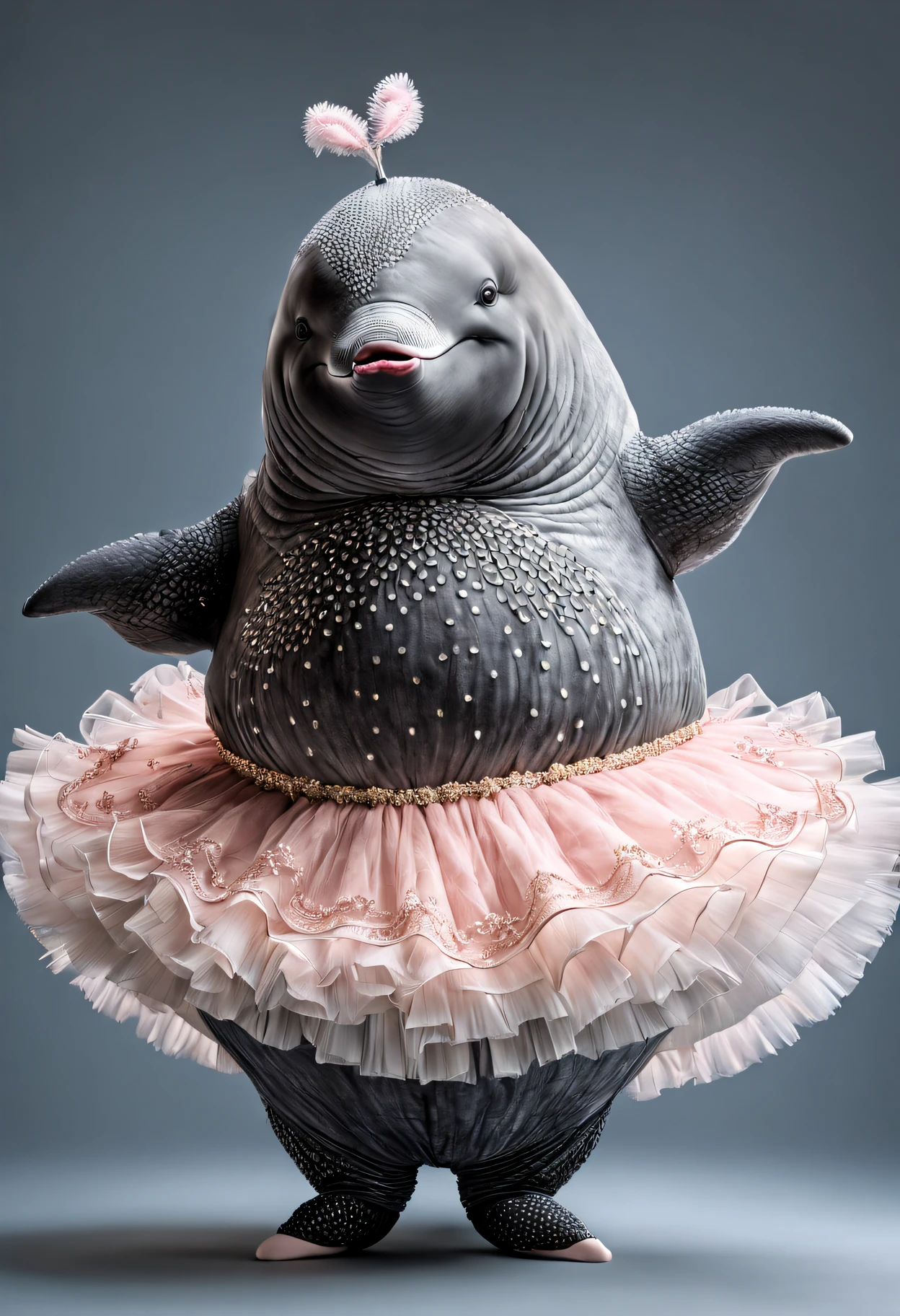 photorealistic portrait of Dressed animals - a fat whale ballet dancer,( ballet action posing), fluffy body, high quality,(lovely) ,intricate details, highly detailed ((ballet costume)) ,highly detailed tutu, (happy), studio lighting,(full body image:1.5)