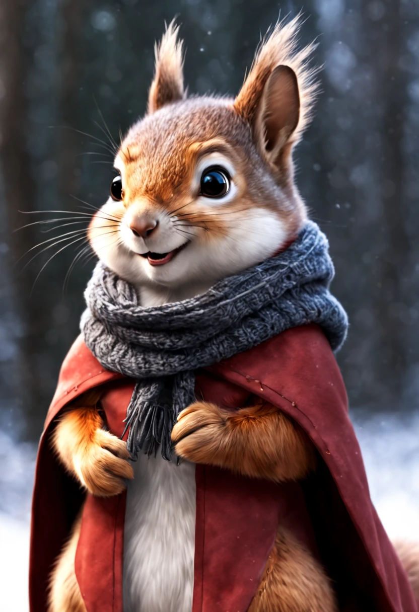 Cute smiling squirrel wearing winter hat and scarf with anthropomorphic features in elegant cloak,fanciful, slice, Disney, by Pixar, Realisticstyle, concept-art,, Style AI halfway