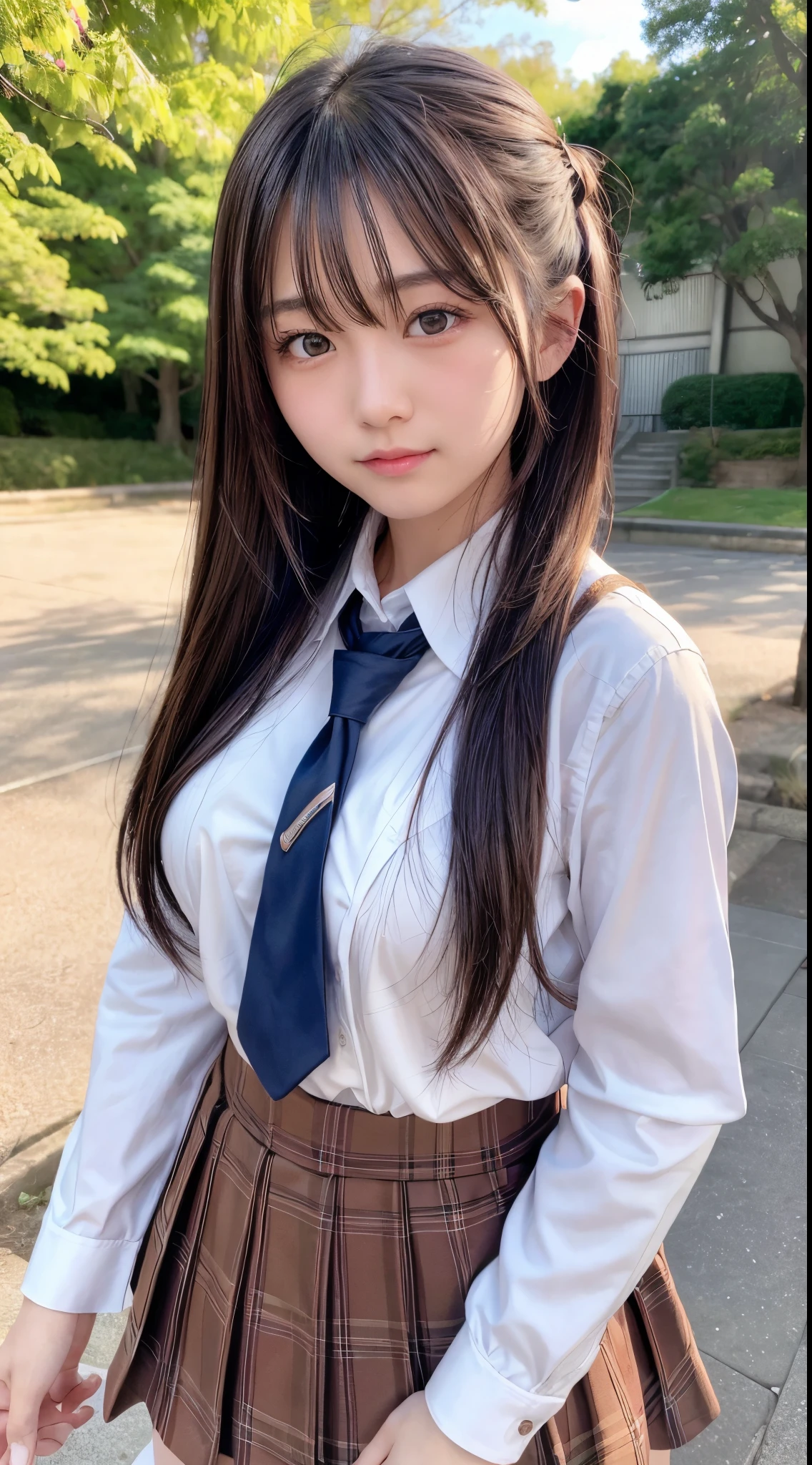 8K, 16K, absurdres, masterpiece, best quality, ultra detailed, hyper detailed, a girl, smiling, (jumping:1.3), looking at viewer, long hair, medium hair, brown hair, droopy eyes, shiny skin, detailed skin, detailed face, glamorous, voluptuous, beautiful breasts, (school uniform:1.3), delicate facial features, japanese idol, 20-year-old, japanese, in the park, with a sun, blue sky and shining lights, photorealistic, ultra realistic photo, raw photo, cowboy shot, from front, dynamic angle, ground-level shot, sharpen, cinematic lighting