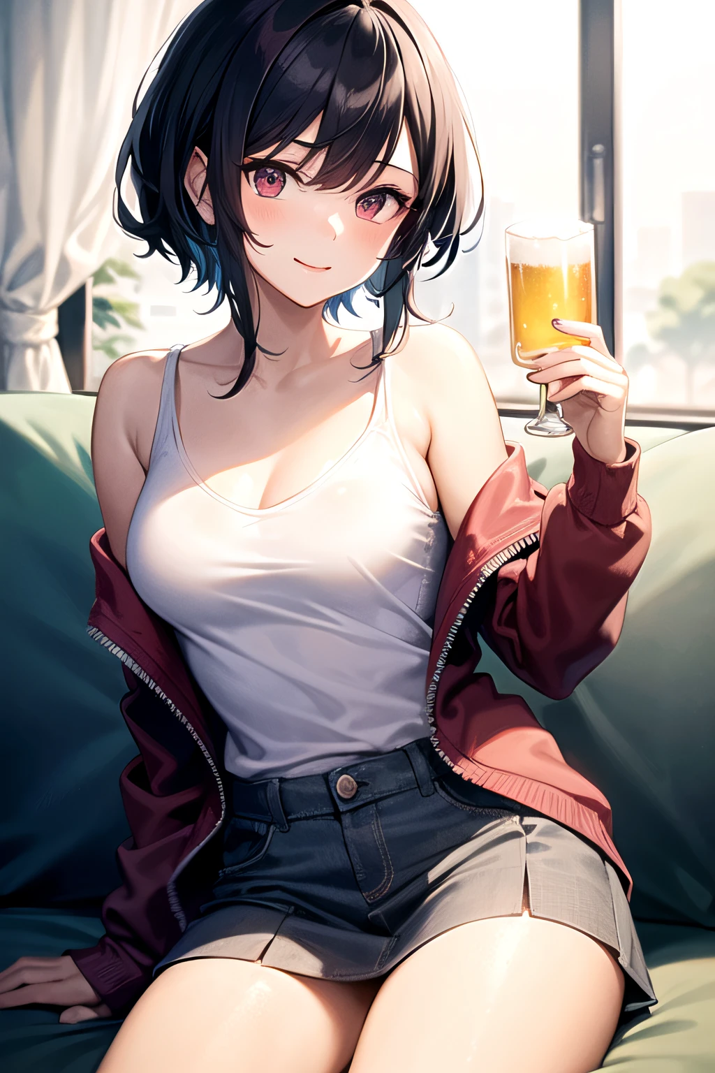 ((masutepiece)),((High quality)),((High resolution)),((Highly accurate and detailed representation of the human body)), A girl in her mid-twenties with medium-length blue hair and red eyes.、The upper body is worn with a bright red zip-up hoodie open over a short white camisole.. she has a beaming smile, Blushing cheeks, And I'm sitting on the couch with one leg crossed over the other.. She is wearing a gray miniskirt and holding a beer glass in one hand..