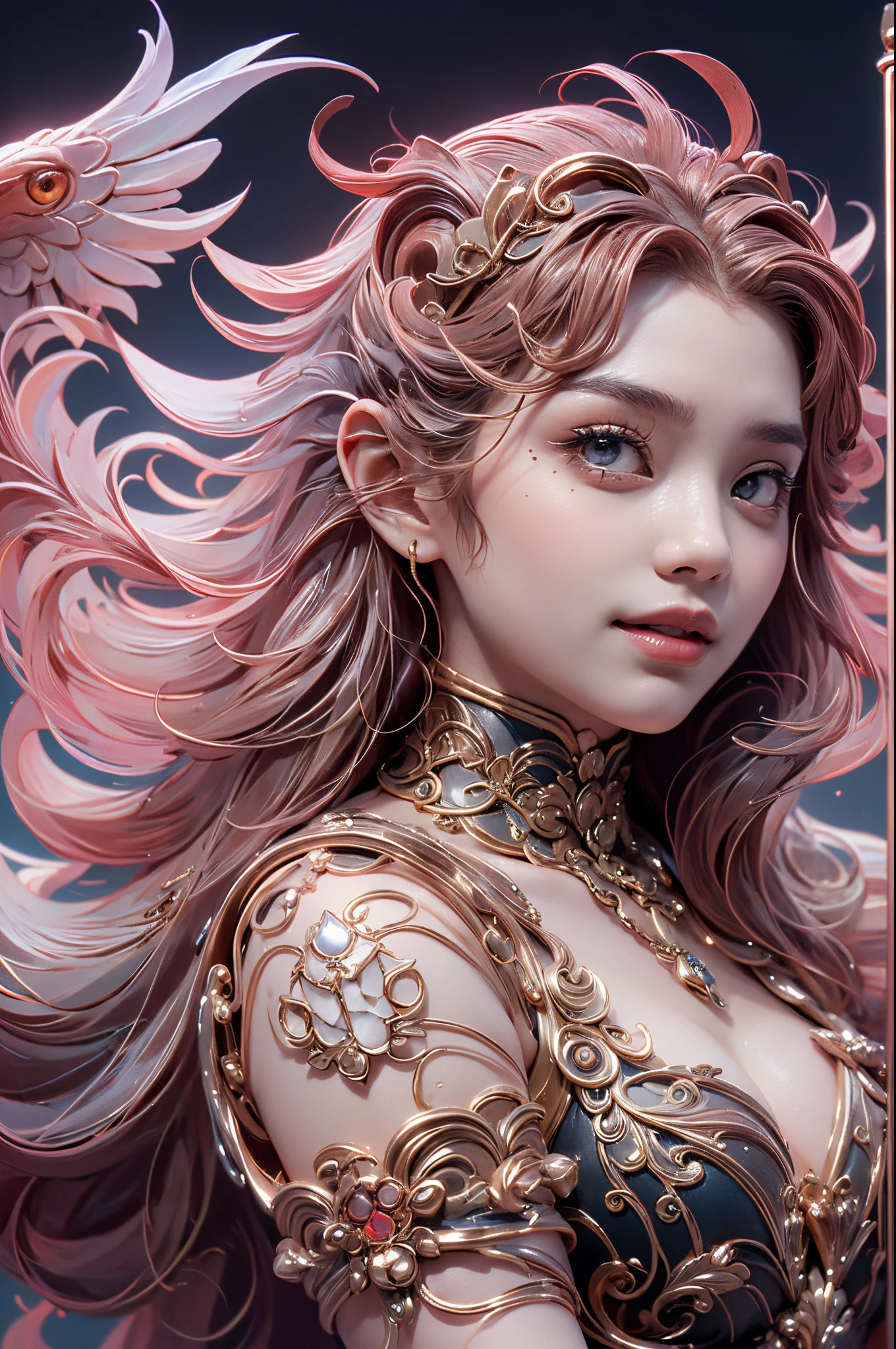 Smiling one girl with bionic arms in steampunk fashion, Capture in ultra-high resolution with photorealistic and beautiful lighting. This masterpiece is of the highest quality、Set on entangled abstract background (Weighted by 1.4).