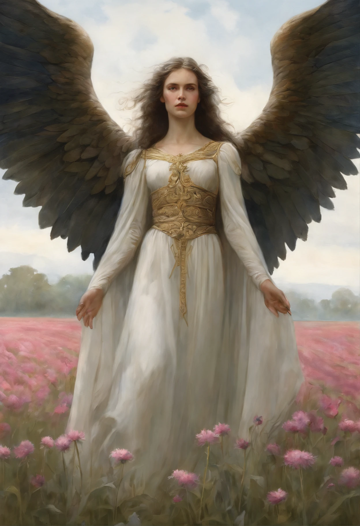 真实感, dark fantasy style, John Tolkien style, Small painting by Jean-Baptiste Monge, portraite of a, looks from the front, Soft facial features,  an angel girl stands in the center of a cornflower field,  Bright make-up, Average height, dark pink lips, thin lip shape ,"Cool eyebrows in the shape of Angryburts, dark brown eyes, green colored eyes, drooping eye shape, drooping corner of the eye, looking at away,  black  hair, hair braided in a long thick tight braid,  classic braid, hairstyle with classic braid, duck nose shape slightly snub,  in the hands of the sword of the heavenly warrior,   Human Hand, Very clear without flaws with five fingers ,in the form of a Valkyrie,  Carol Buck style, behind his back are huge open angel wings, Sword in hand,Human Hand, Very clear without flaws with five fingers  ,Slightly naked, Priestesses, dressed in white and gold clothes, holy golden armor, Celestial Queen, stands in the center of a field of cornflowers, Jean-Baptiste Monge, anthropomorphic --ar 2:3 --testp -optimistic;