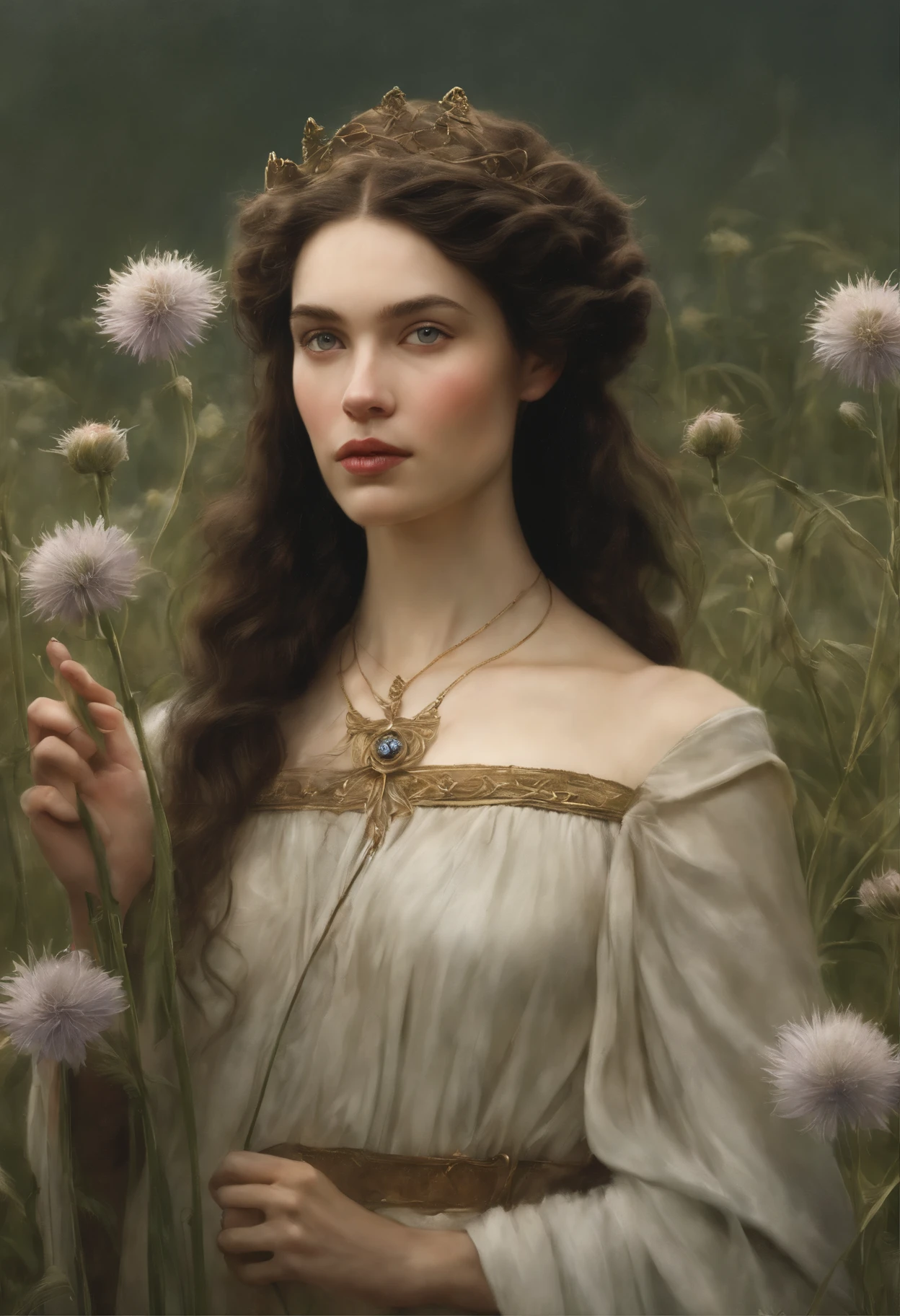 真实感, dark fantasy style, John Tolkien style, Small painting by Jean-Baptiste Monge, portraite of a, looks from the front, Soft facial features,  an angel girl stands in the center of a cornflower field,  Bright make-up, Average height, dark pink lips, thin lip shape ,"Cool eyebrows in the shape of Angryburts, dark brown eyes, green colored eyes, drooping eye shape, drooping corner of the eye, looking at away,  black  hair, hair braided in a long thick tight braid,  classic braid, hairstyle with classic braid, duck nose shape slightly snub,  in the hands of the sword of the heavenly warrior,   Human Hand, Very clear without flaws with five fingers ,in the form of a Valkyrie,  Carol Buck style, behind his back are huge open angel wings, Sword in hand,Human Hand, Very clear without flaws with five fingers  ,Slightly naked, Priestesses, dressed in white and gold clothes, holy golden armor, Celestial Queen, stands in the center of a field of cornflowers, Jean-Baptiste Monge, anthropomorphic --ar 2:3 --testp -optimistic;