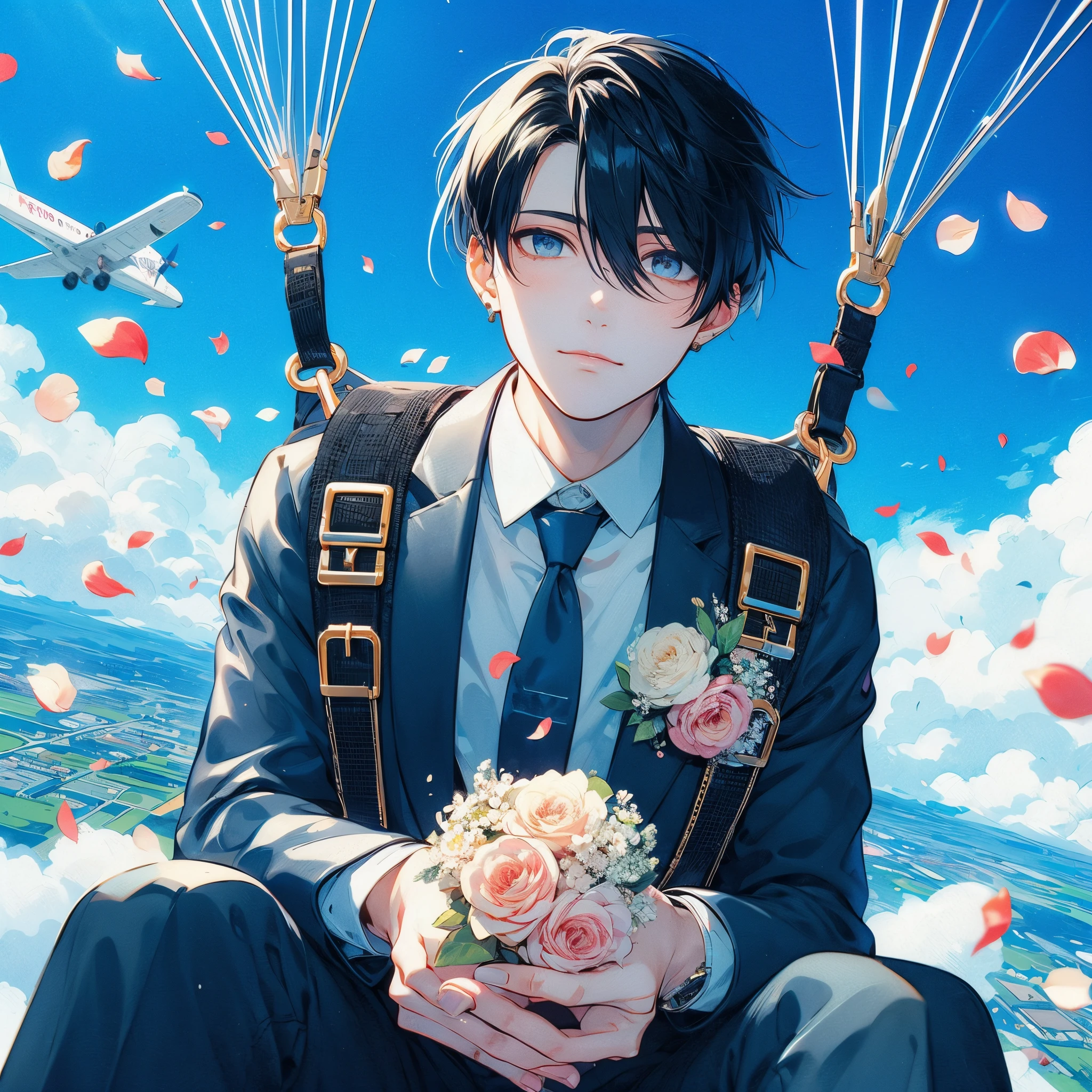 Beautiful young man, 1man, Black hair, groom's clothes, skydiving, flower petals, Dyed cheeks, Propose while skydiving, Blue sky, Planes,High quality, amount of drawing, pixiv illustration