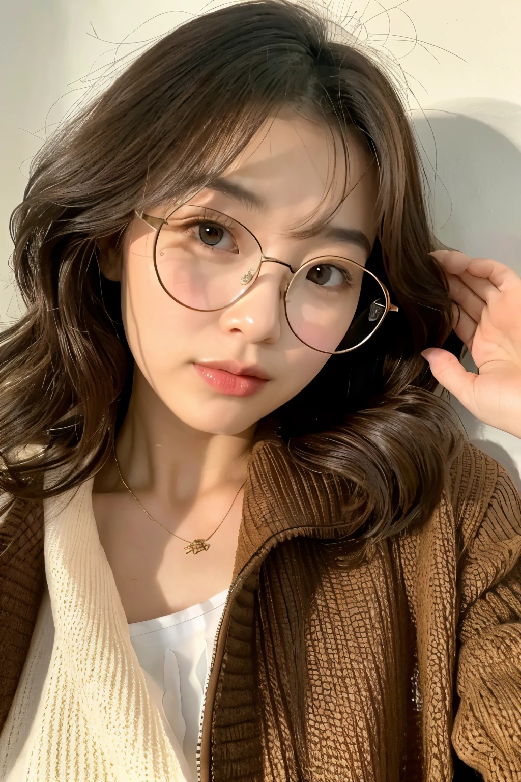 Round glasses Beautuful Women Adults Brown hair perm
