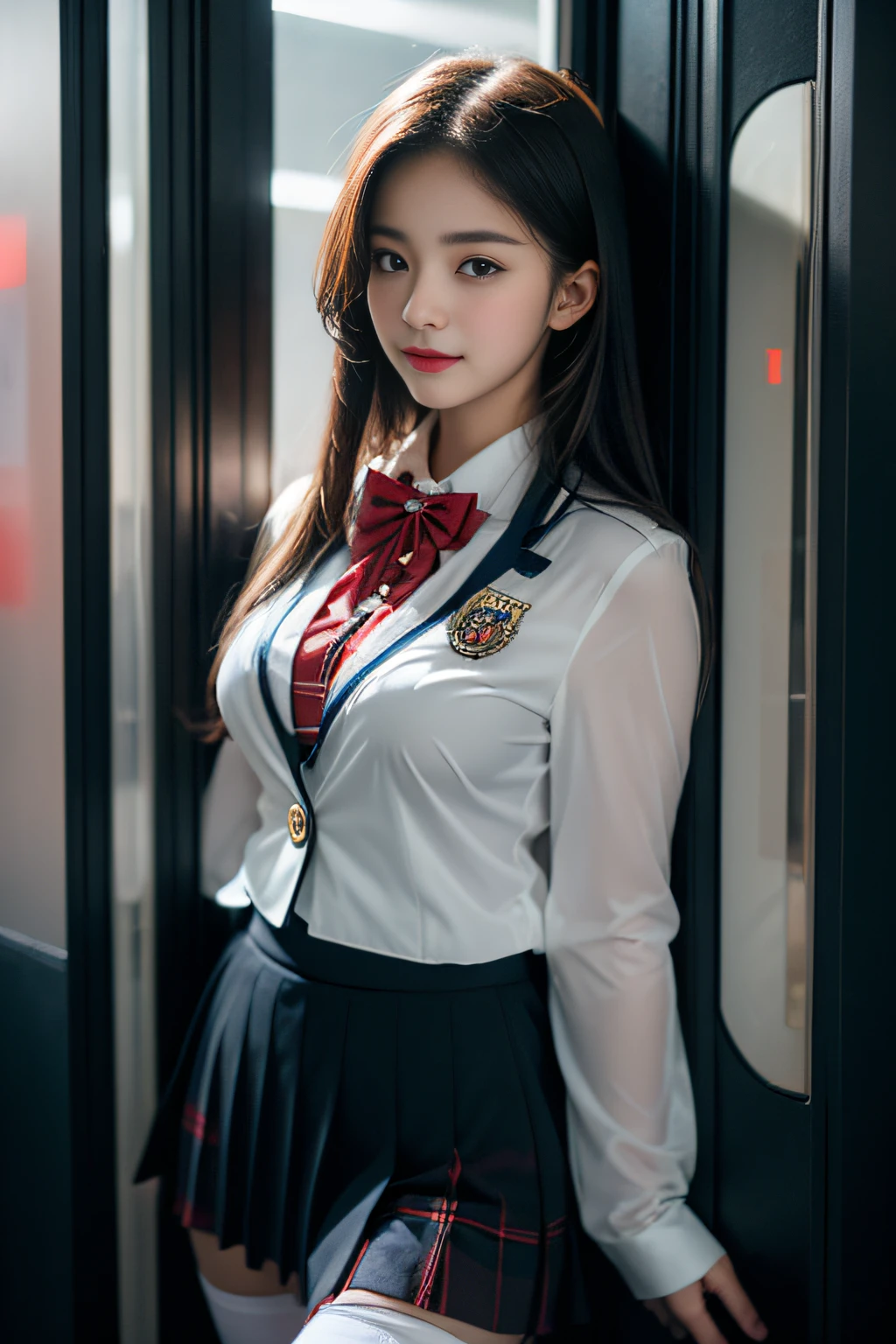 ( Female student standing near the train door),Charming eyes,Heartwarming action,Turn your face away from the camera,stooped,Bend over,turn back,Look up at your head,thick and long black hair,Highly detailed body,Highly detailed face,best qualtiy、(P boobs iNK underwear),(High School Girls),((White Blazer、emblem on breasts))、((Translucent blouse)),((red bowtie)),((navy check flare skirt)),(Black stockings)、