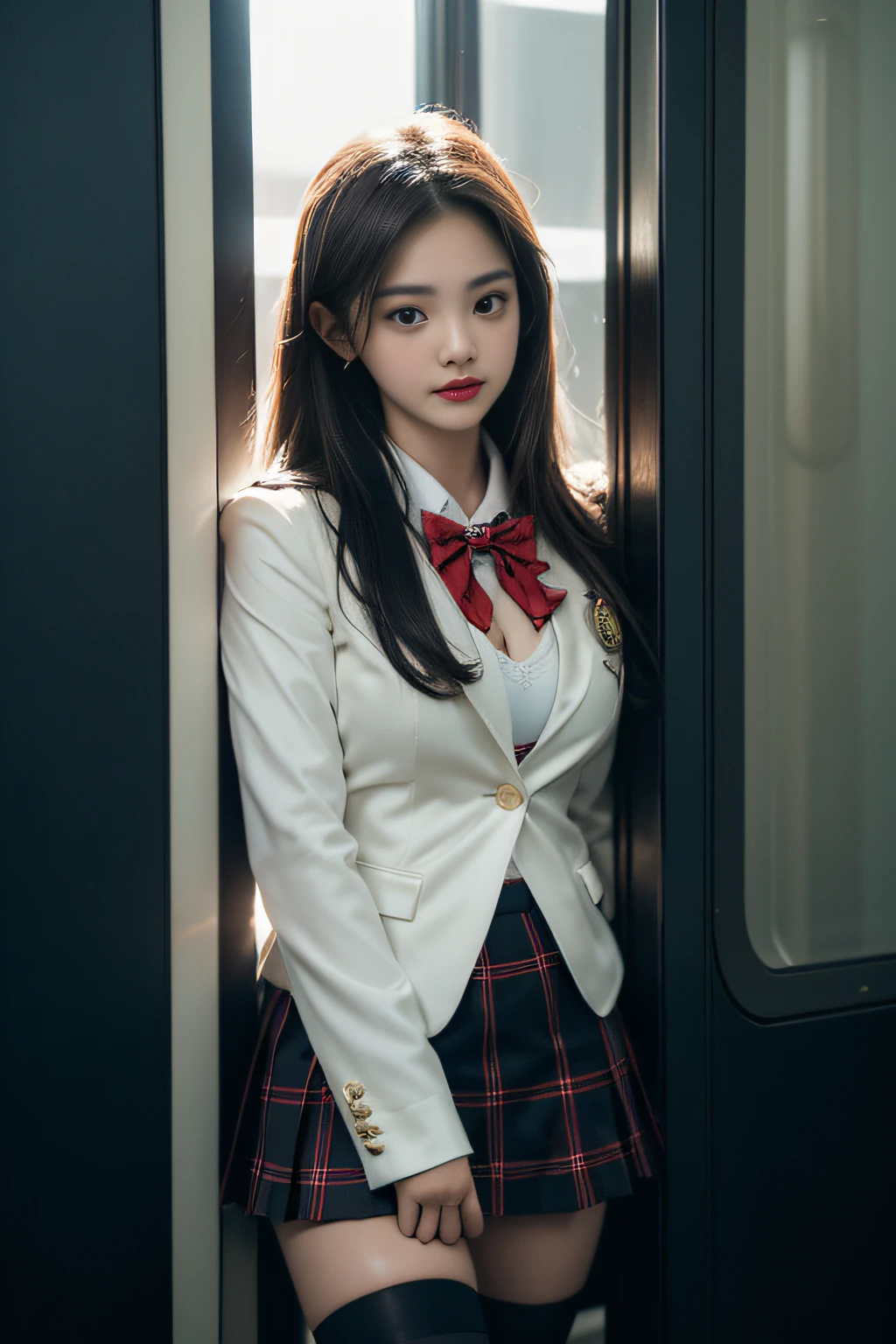 ( Female student standing near the train door),Charming eyes,Heartwarming action,Turn your face away from the camera,stooped,Bend over,turn back,Look up at your head,thick and long black hair,Highly detailed body,Highly detailed face,best qualtiy、(P boobs iNK underwear),(High School Girls),((White Blazer、emblem on breasts))、((Translucent blouse)),((red bowtie)),((navy check flare skirt)),(Black stockings)、