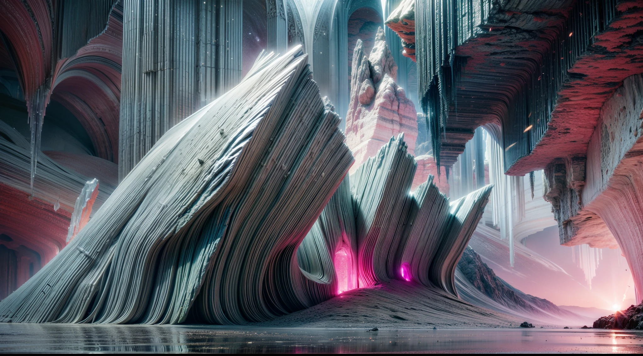 Crystal caves with a soft, ethereal glow, on eye level, scenic, masterpiece.