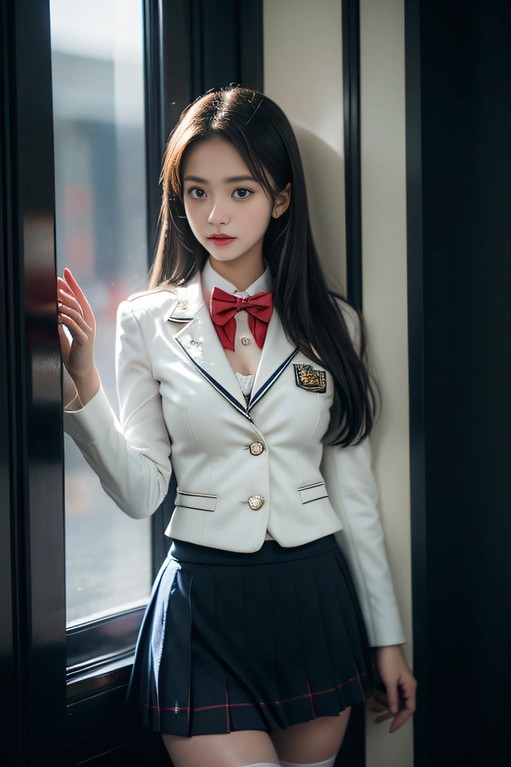 ( Female student standing near the train door)，Charming eyes，Heartwarming action，Turn your face away from the camera，stooped，Bend over，turn back，Look up at your head，thick and long black hair，Highly detailed body，Highly detailed face，best qualtiy、(P boobs iNK underwear),(High School Girls),((White Blazer、emblem on breasts))、((Translucent blouse)),((red bowtie)),((navy check flare skirt)),(Black stockings)、