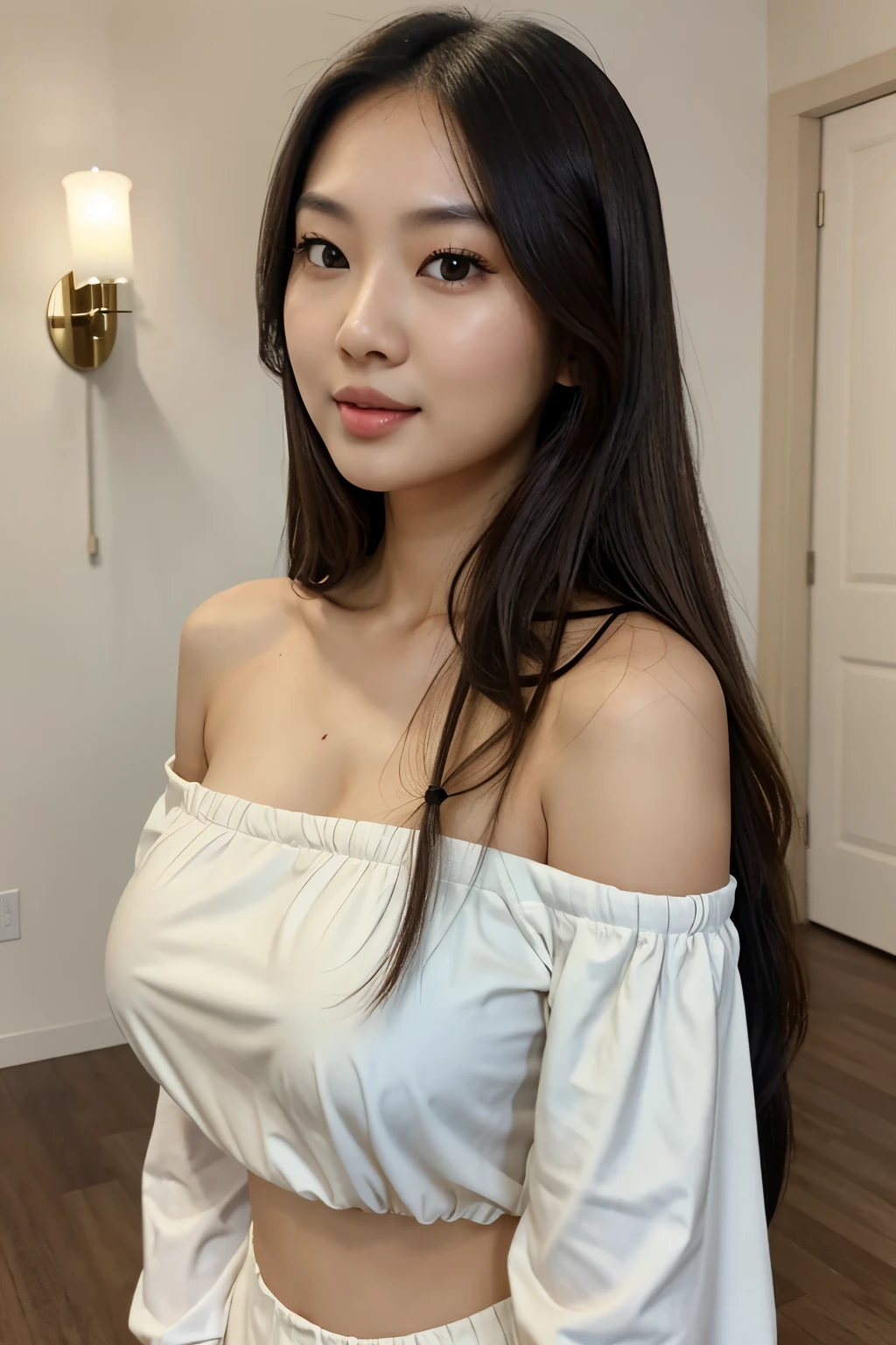 1 asian girl 25 year old, solo, long hair, big round breasts, looking at viewer, long hair, bare shoulders, brown eyes,  full body, , off shoulder, short white blouse, lips, realistic, nose, flirting with camera