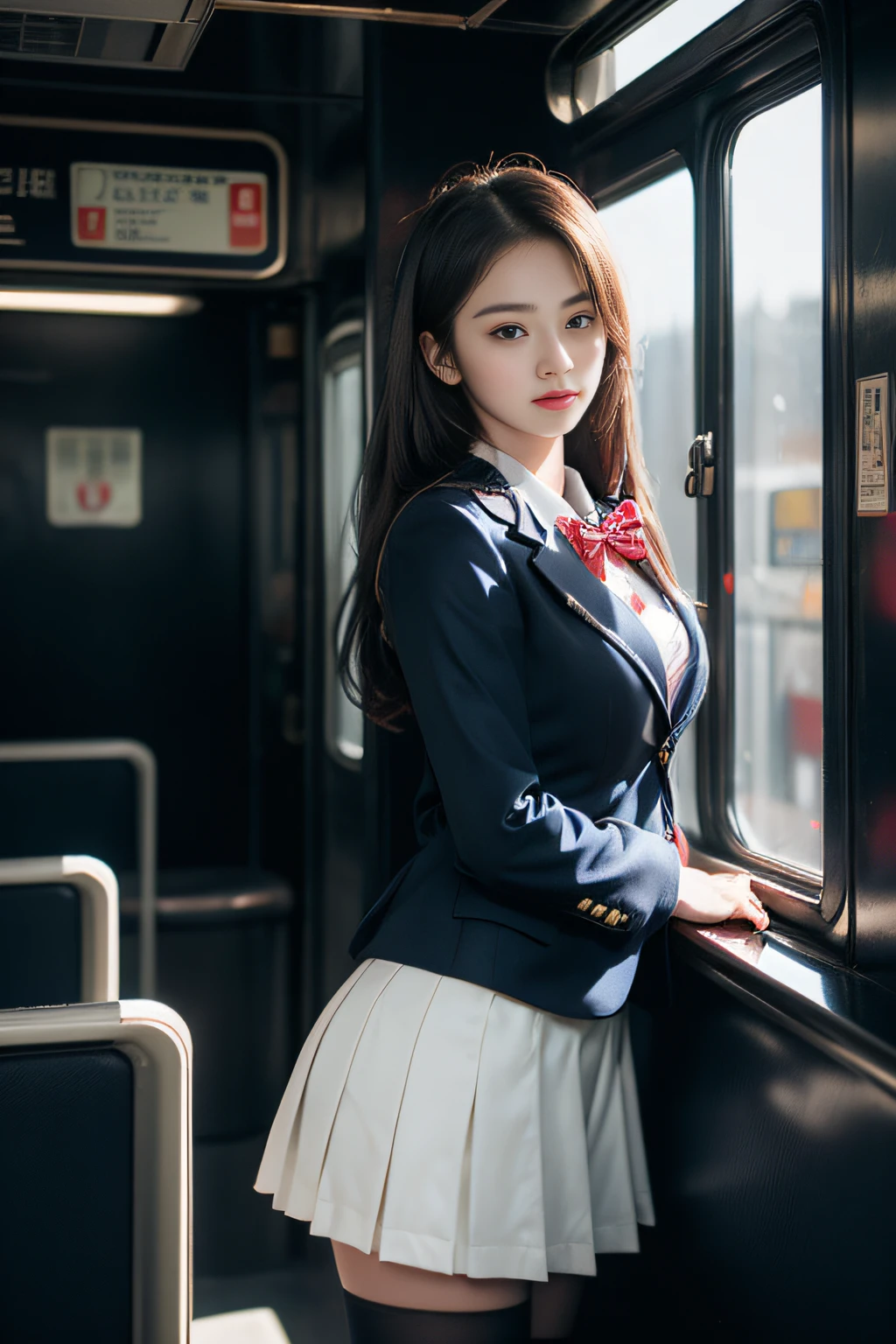 ( Female student standing on the train),Charming eyes,Heartwarming action,Turn your face away from the camera,stooped,Bend over,turn back,Look up at your head,thick and long black hair,Highly detailed body,Highly detailed face,best qualtiy、(P boobs iNK underwear),(High School Girls),((White Blazer、emblem on breasts))、((Translucent blouse)),((red bowtie)),((navy check flare skirt)),(Black stockings)、