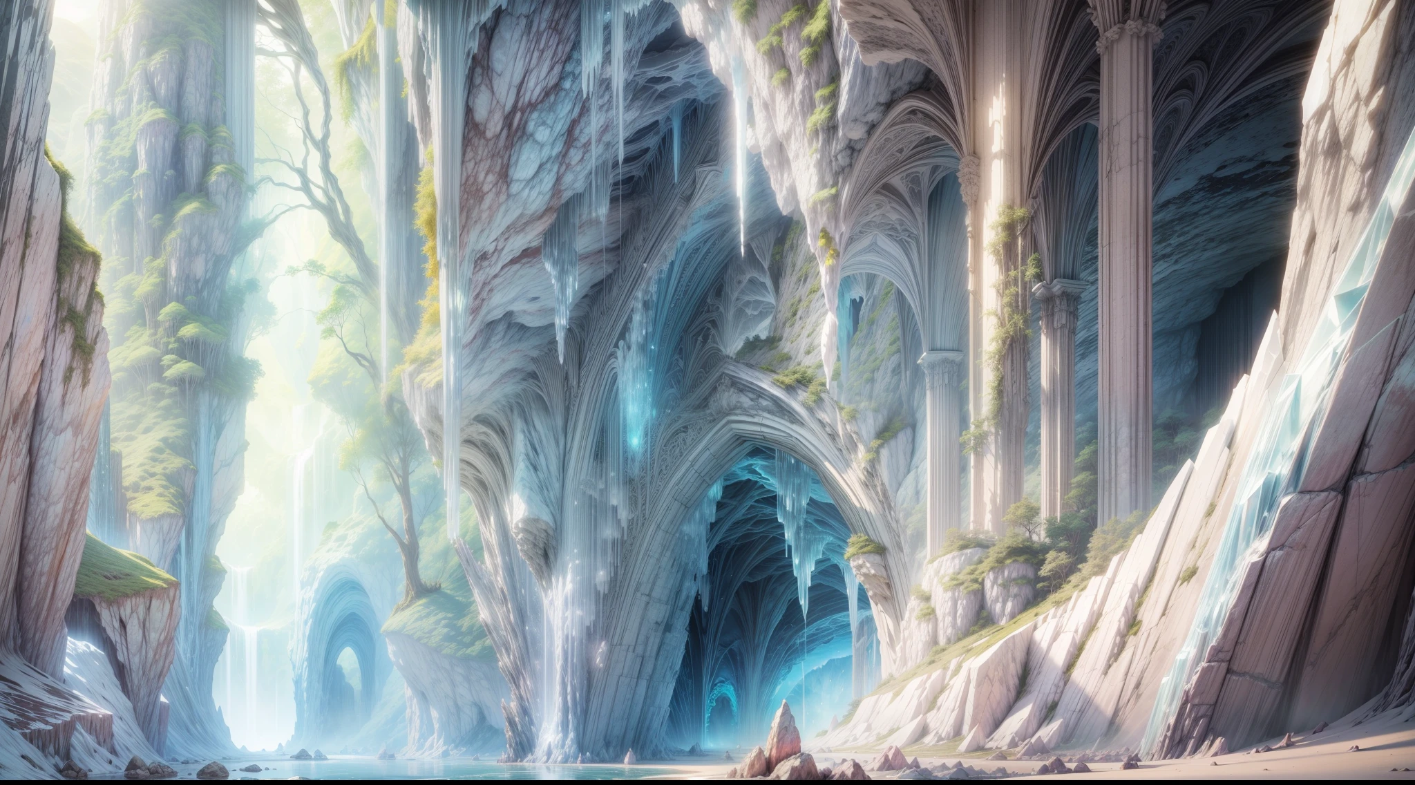 Crystal caves with a soft, ethereal glow, on eye level, scenic, masterpiece.